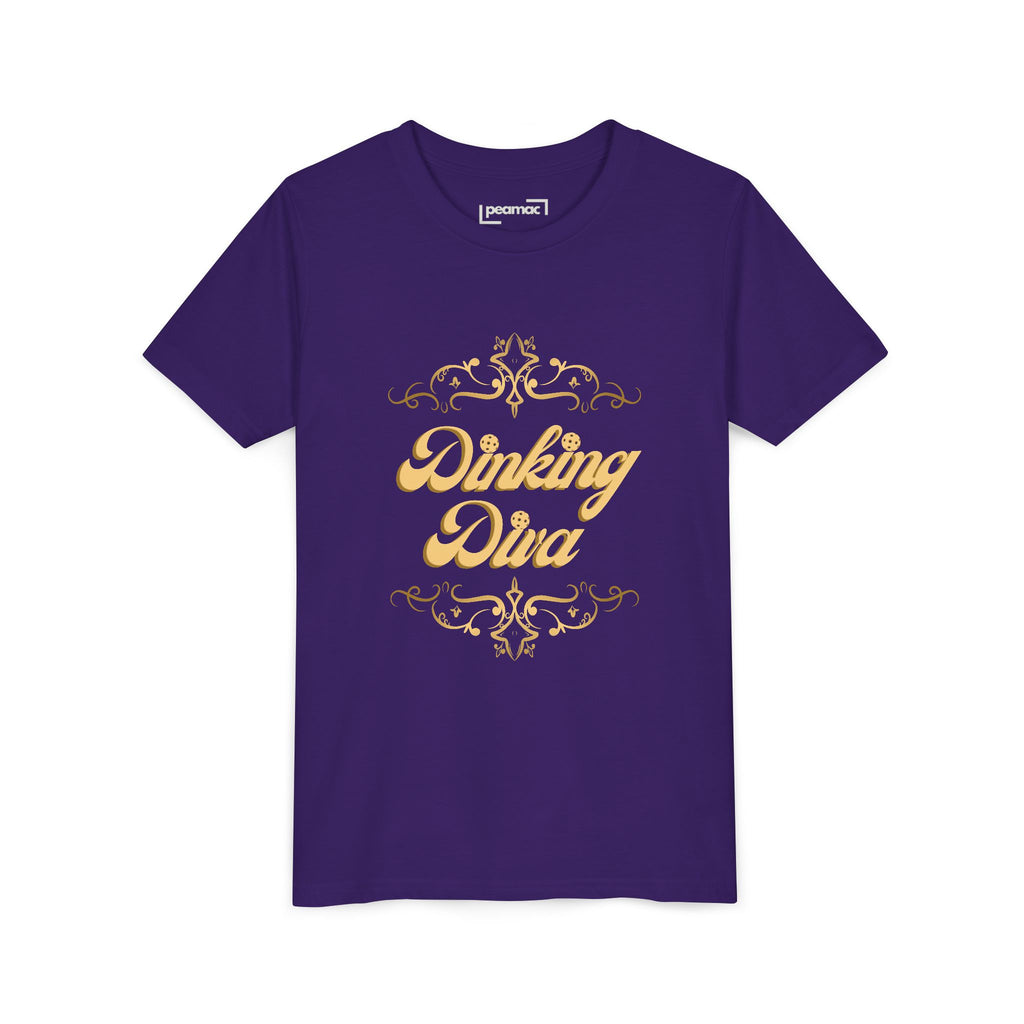 Youth Dinking Diva T-shirt featuring gold filigree pickleball graphic, colorful kids' apparel from Printify.