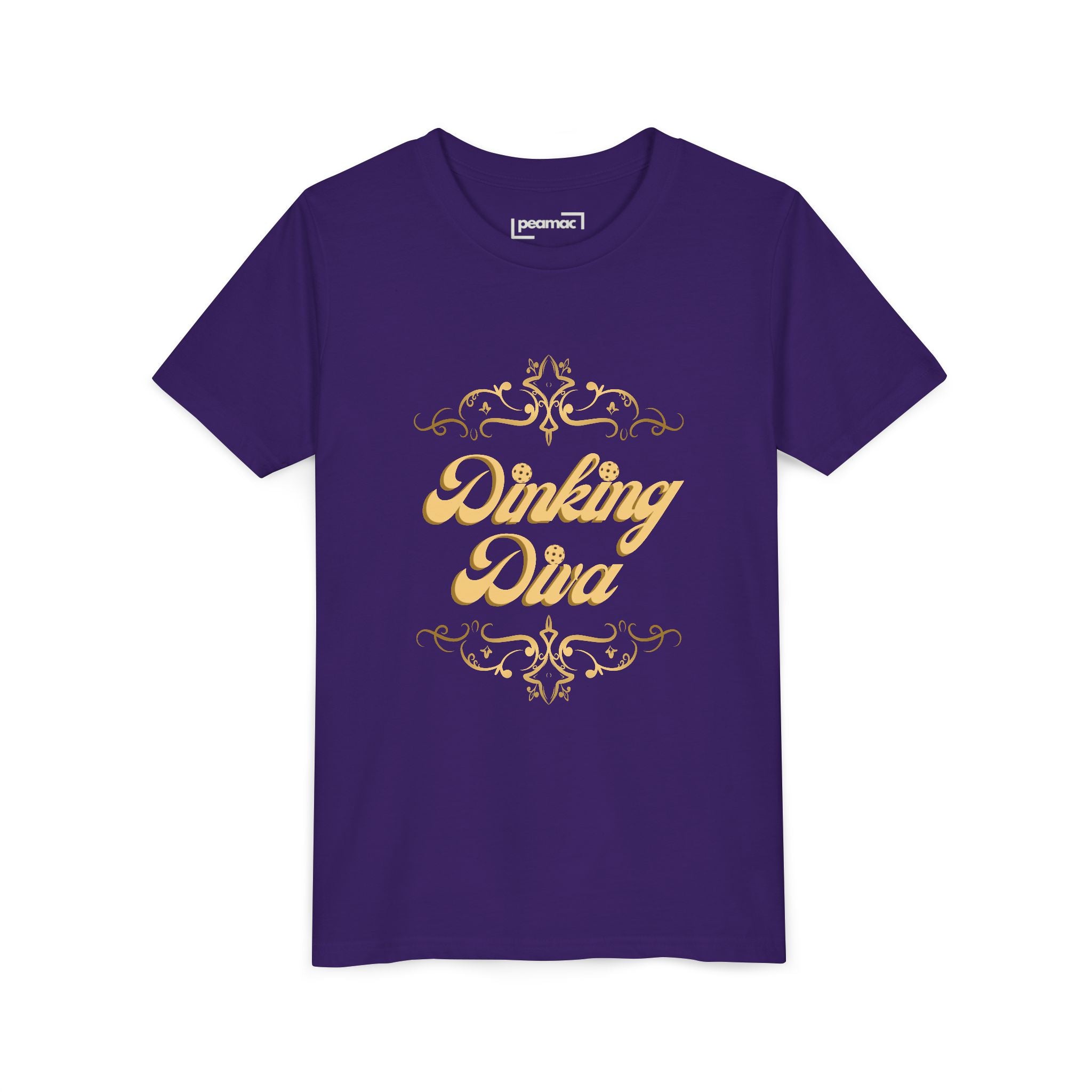 Youth Dinking Diva T-shirt featuring gold filigree pickleball graphic, colorful kids' apparel from Printify.