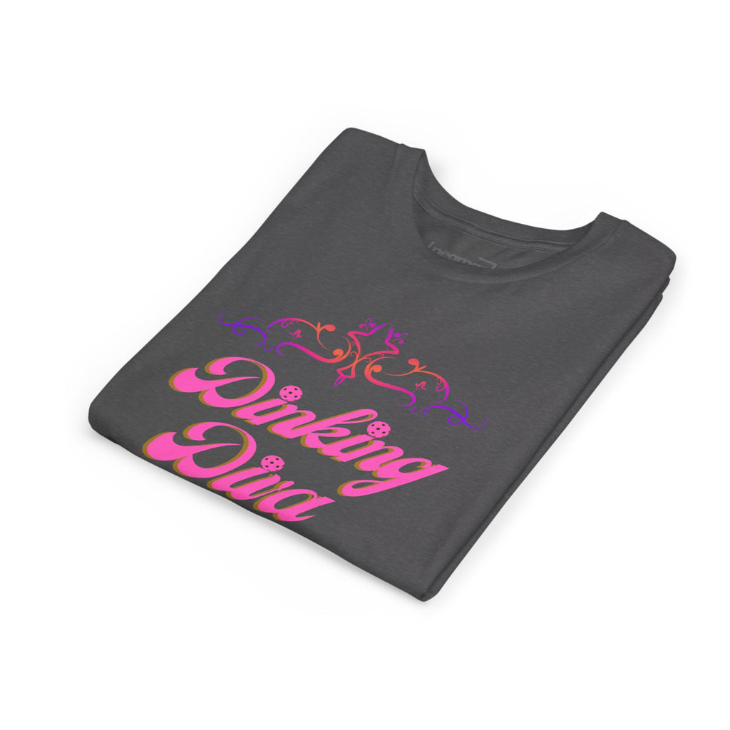 Pink Dinking Diva youth pickleball t-shirt featuring a playful design, made for kids and perfect for active play.