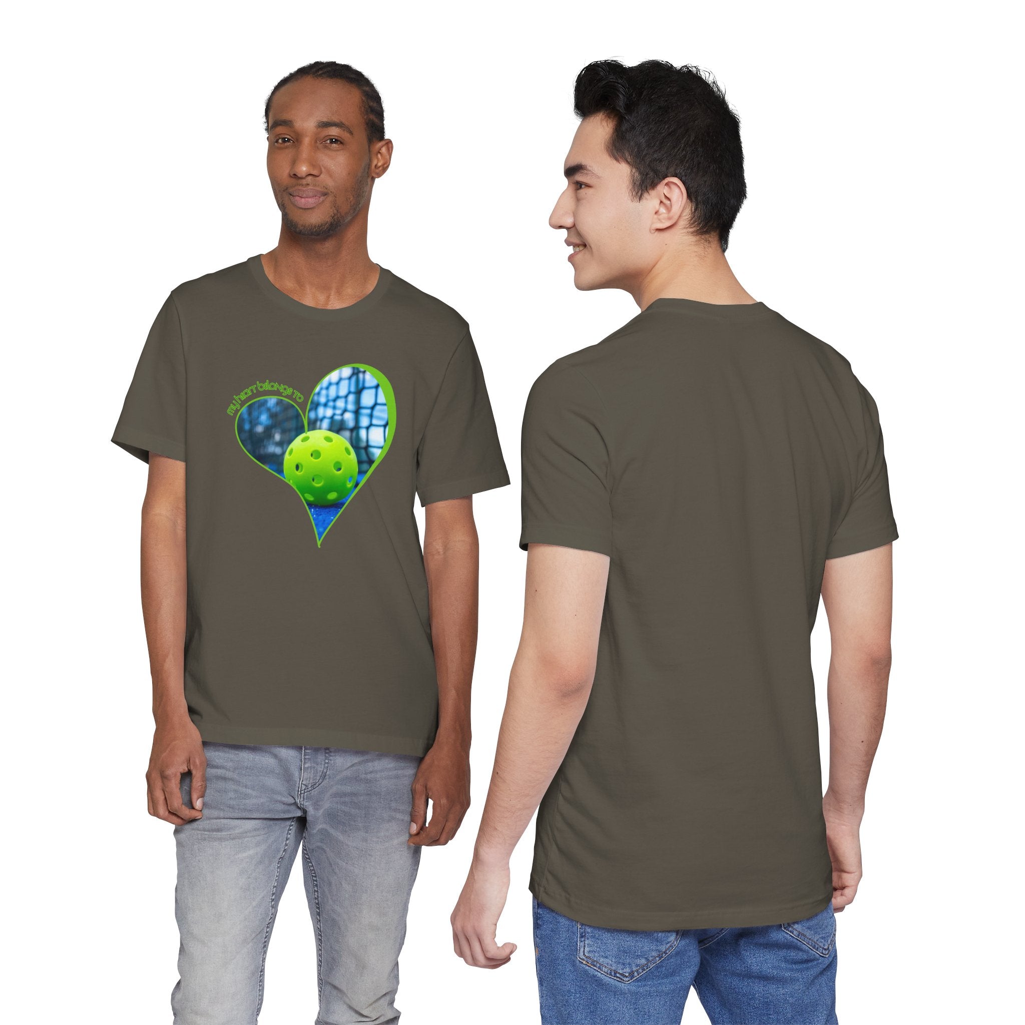 White Pickleball T-shirt for players and fans with "My Heart Belongs to Pickleball" print, by Printify.