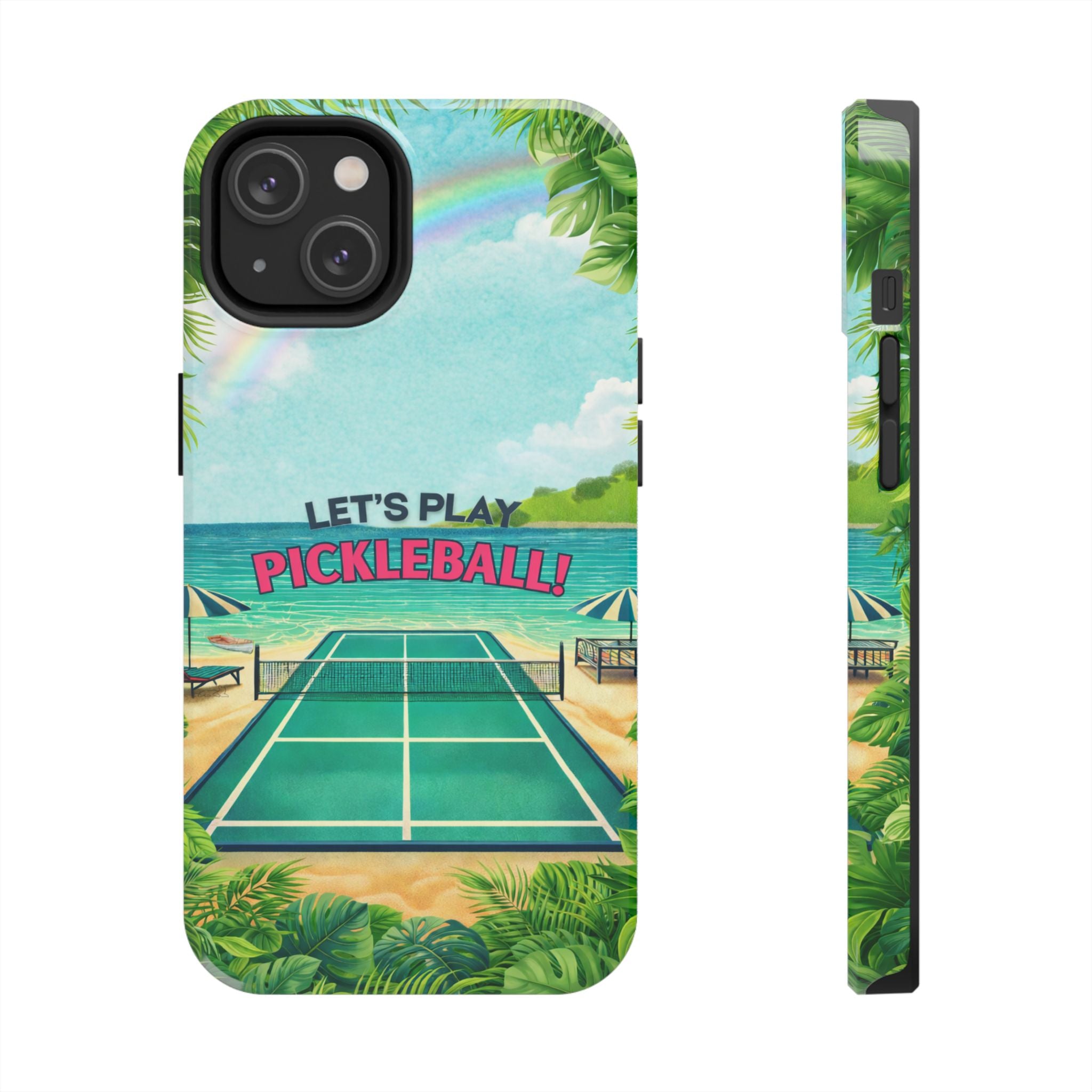 Tropical-themed Let's Play Pickleball phone case by Printify featuring a colorful beach court design.