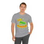 Neon orange and electric green Pickleball Rally T-Shirt with court graphic from Printify, casual athletic wear for sports enthusiasts