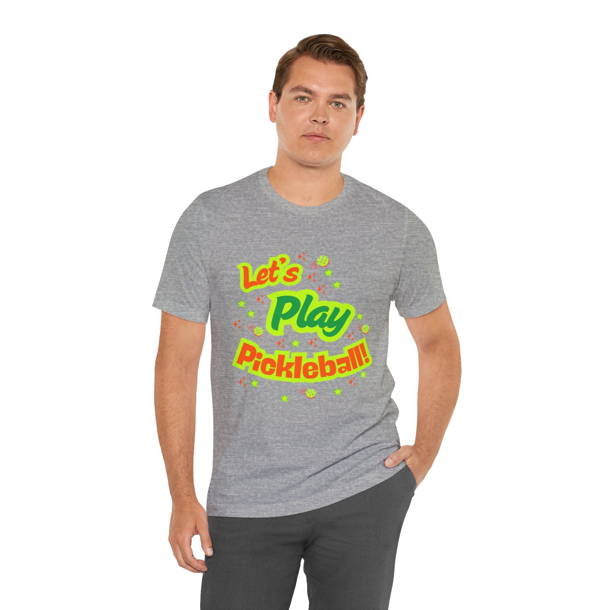 Neon orange and electric green pickleball rally T-shirt with court graphic, casual athletic fit, by Printify.