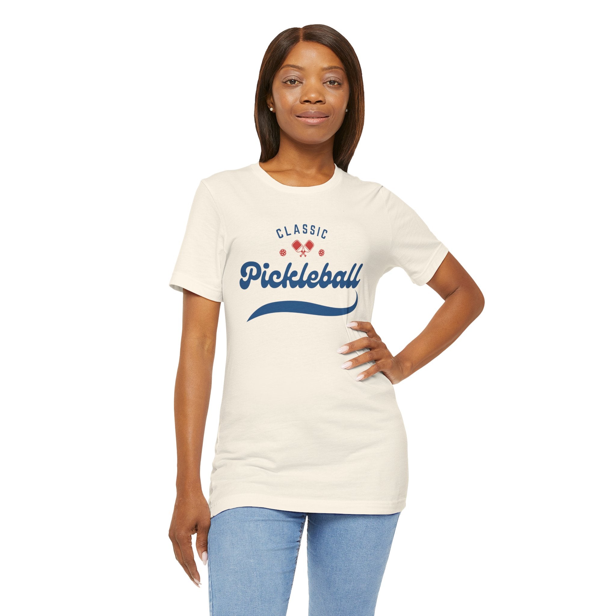 Red and blue pickleball script tee featuring paddle and ball design, casual T-shirt by Printify.