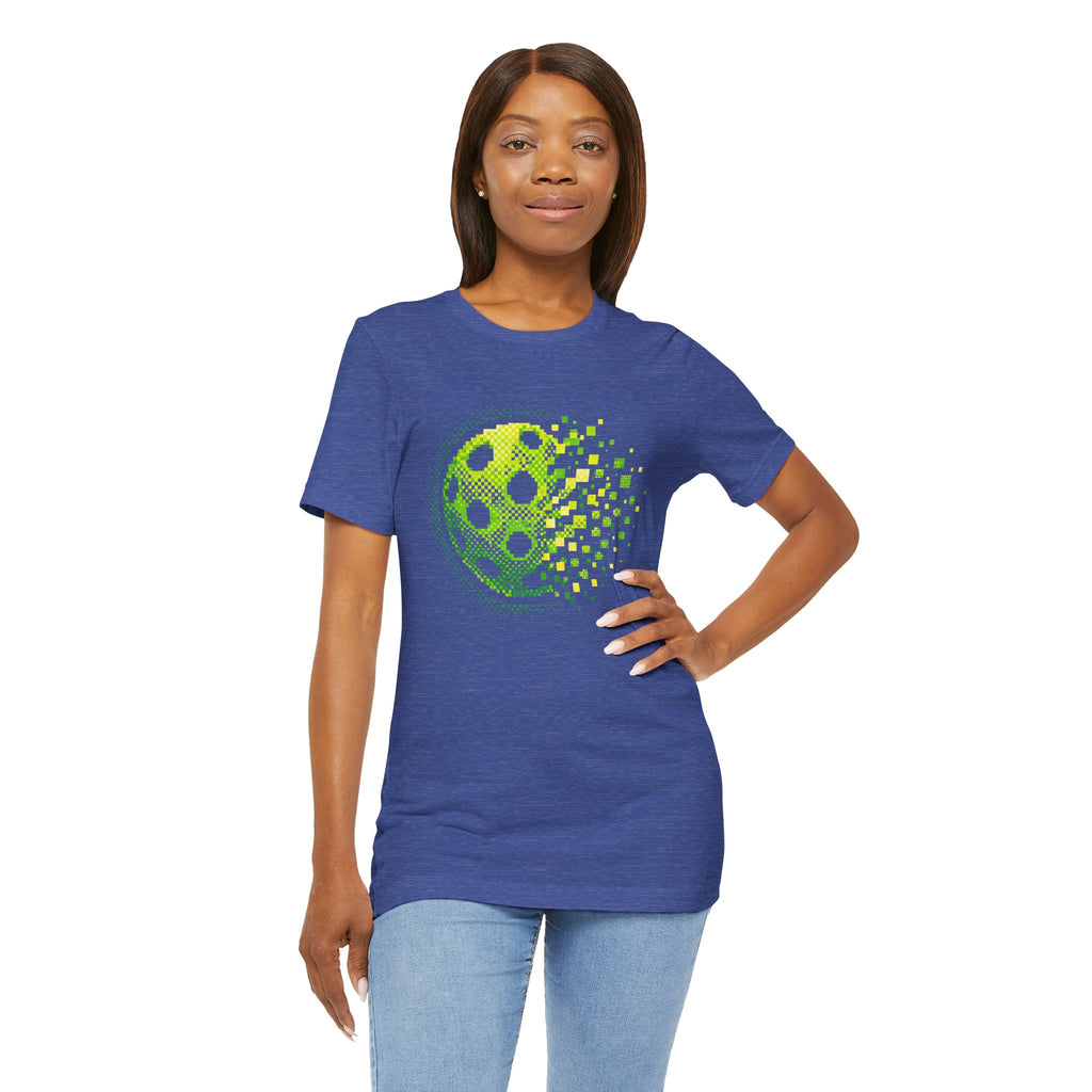 Green Pixelated Pickleball Tee with retro court graphic, casual T-shirt by Printify featuring vibrant pickleball design.