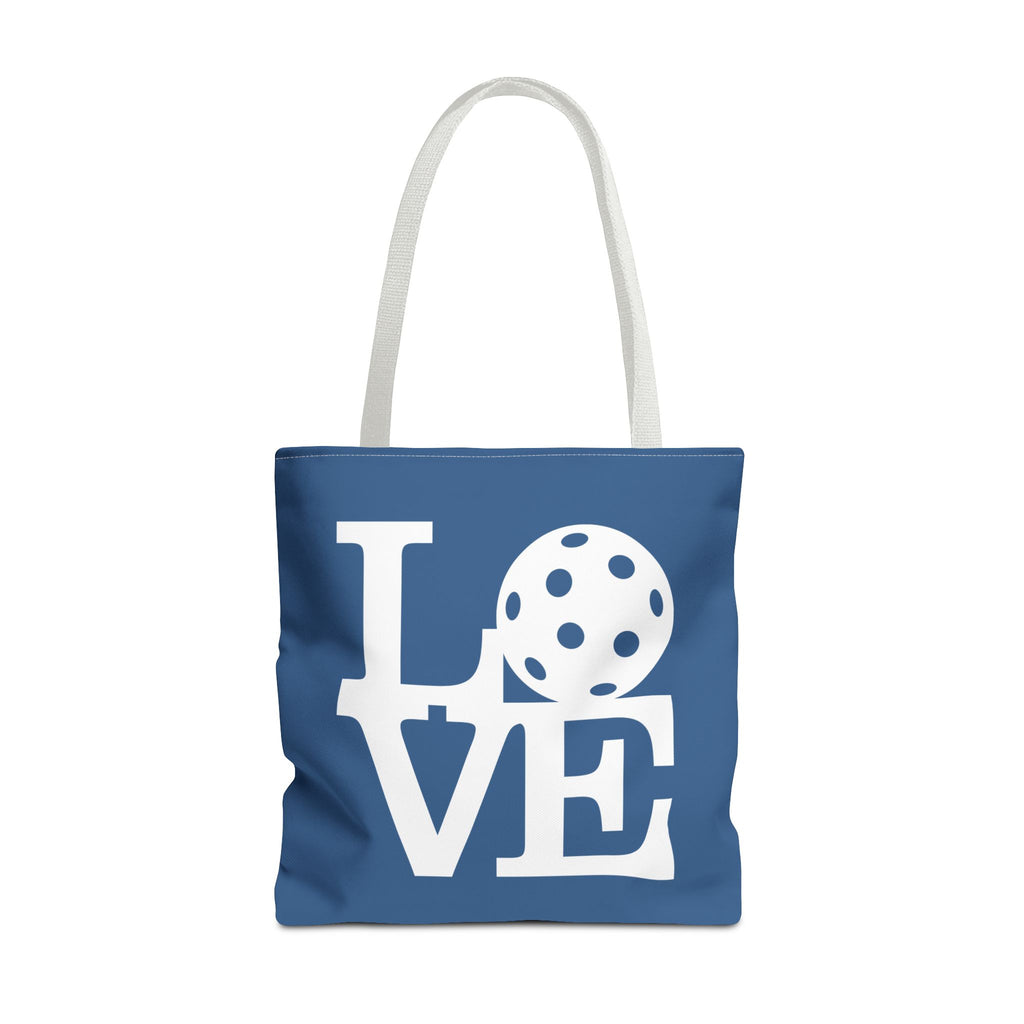 River blue Pickleball LOVE Tote Bag by Printify featuring a colorful LOVE design and spacious bag for sports and casual use