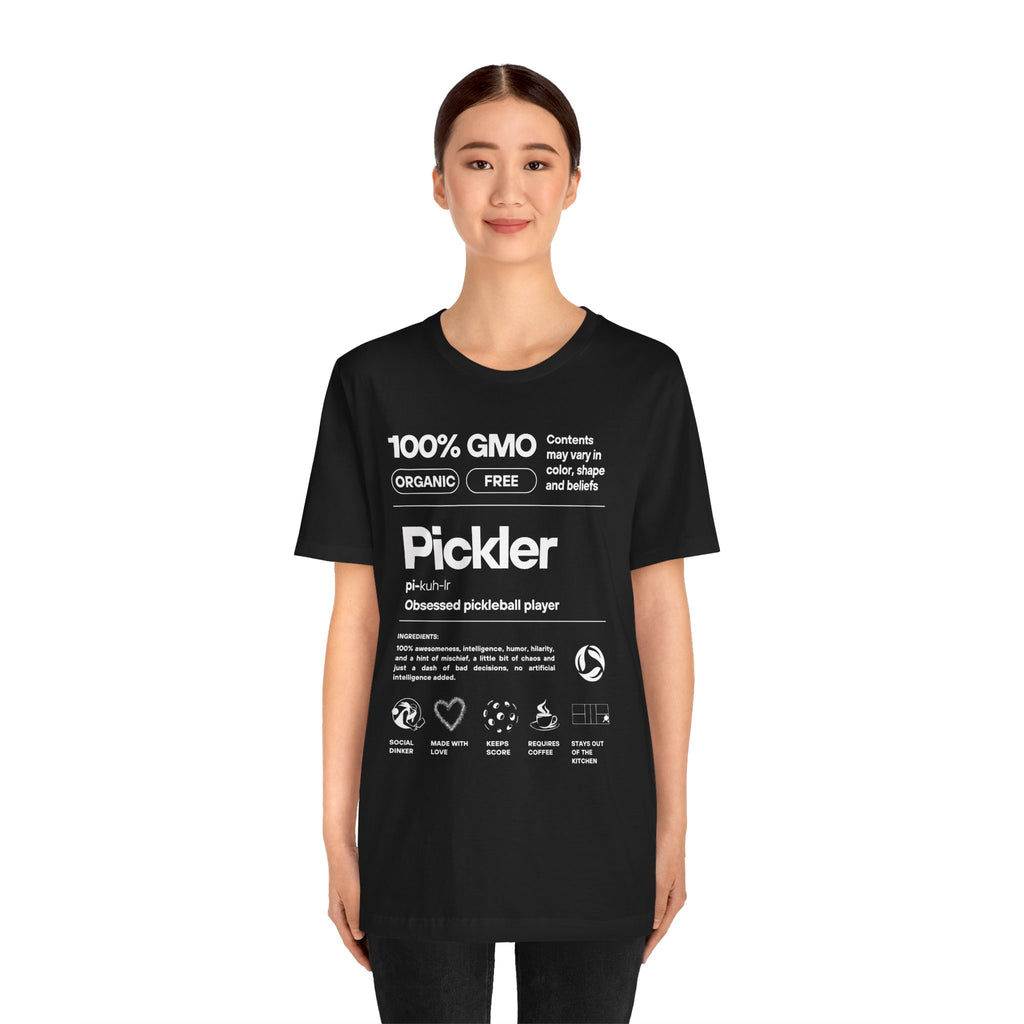 Women's Pickler Funny Definitions T-Shirt by Printify featuring white text, lightweight activewear perfect for pickleball enthusiasts.