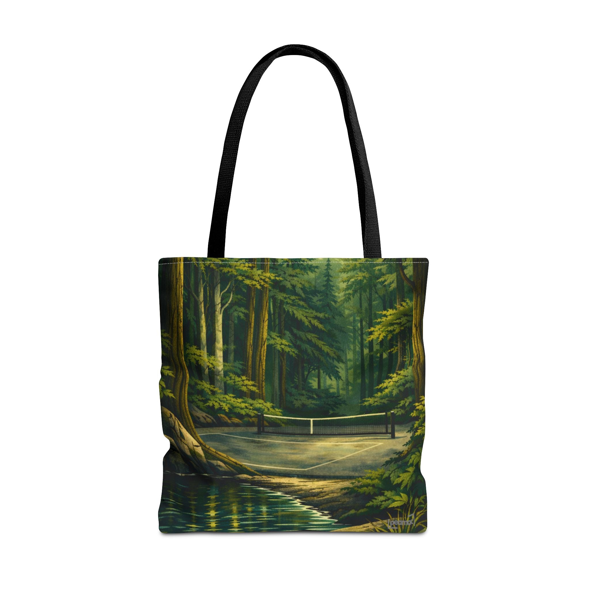 Hidden Pickleball Court on a Forest Path Large Tote Bag — Scenic Woodland Landscape All-Over Print
