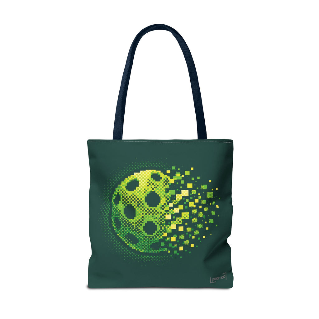 Green Pixelated Pickleball Tote Bag by Printify with digital smash design, 18x18 inches, made of durable bag material.