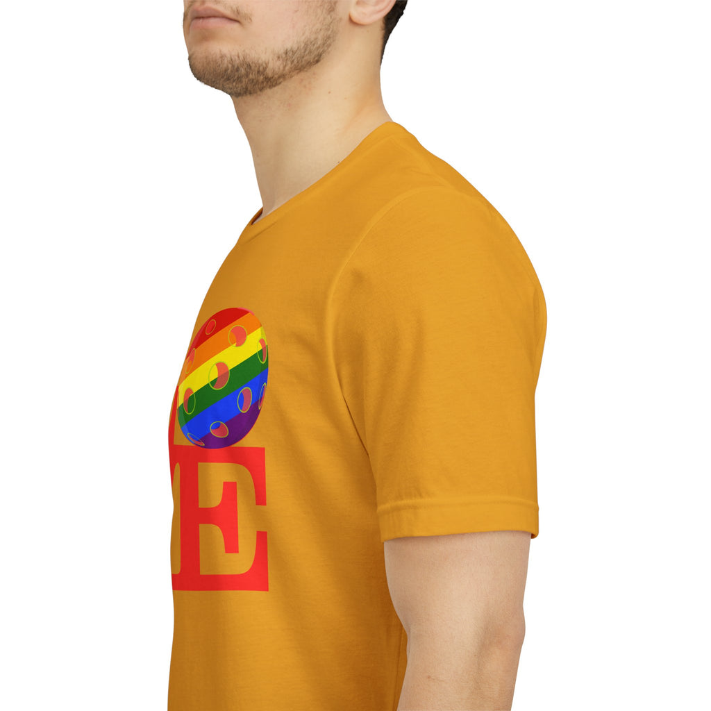 Rainbow LGBTQ2 love pickleball pride T-shirt by Printify featuring colorful rainbow design on a casual T-shirt.