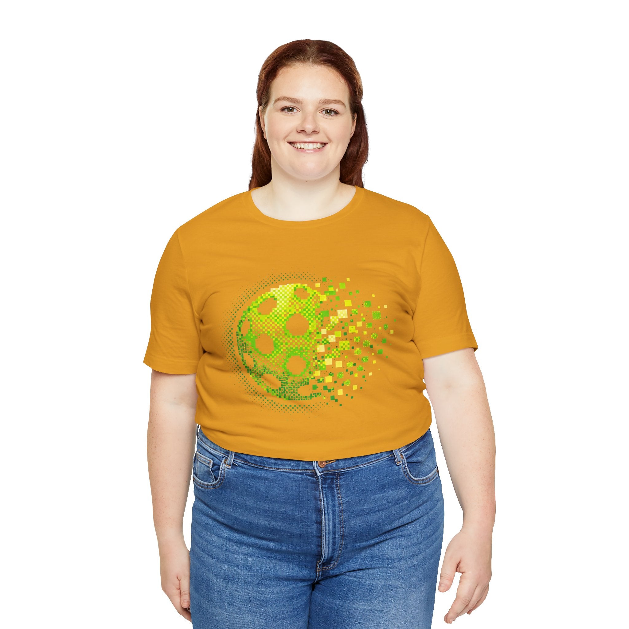 Pixelated pickleball graphic T-shirt in green, retro court design, by Printify, featuring a vibrant pickleball-themed print on the front.