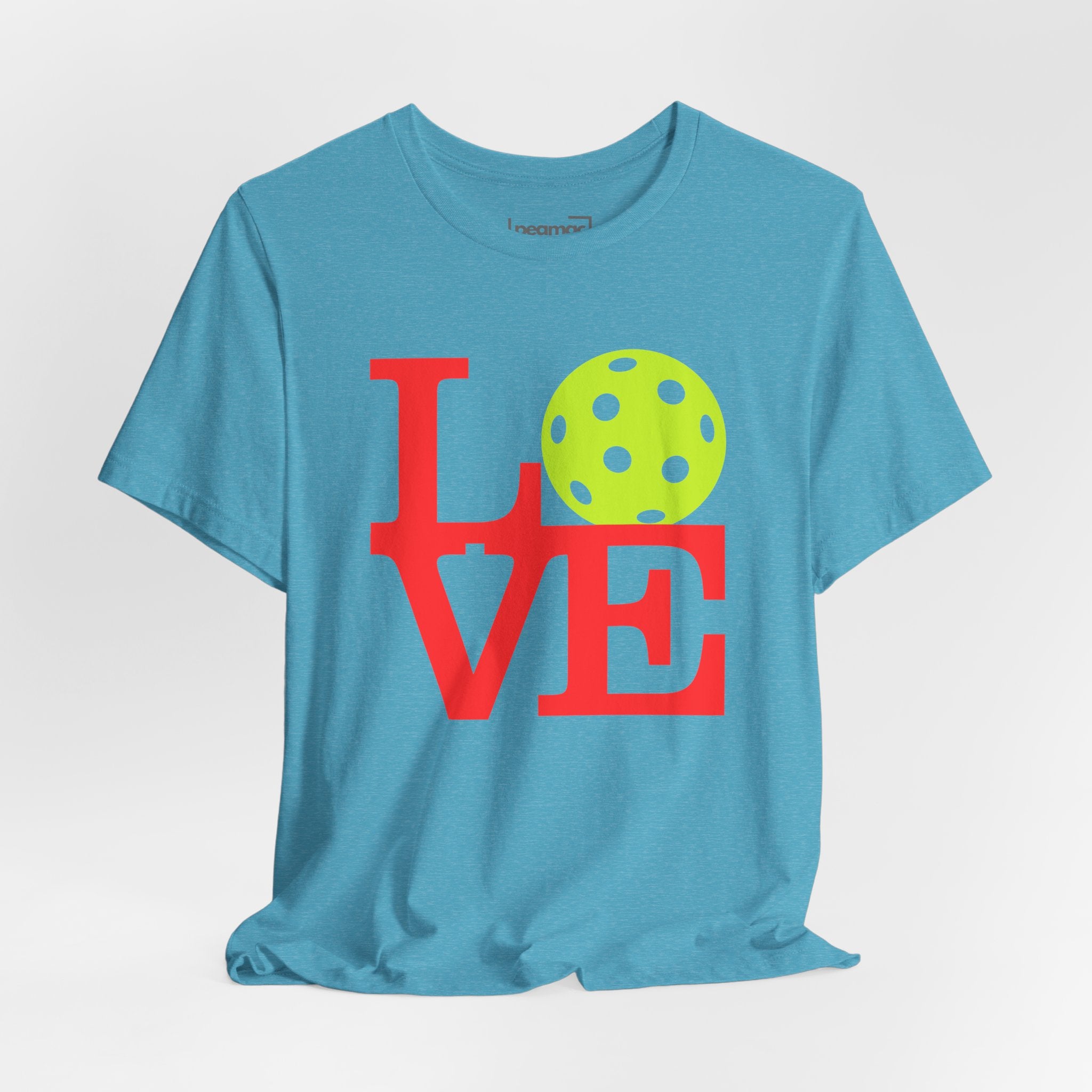 Neon pop art LOVE Pickleball T-shirt by Printify, featuring colorful graphic design on a premium casual tee.