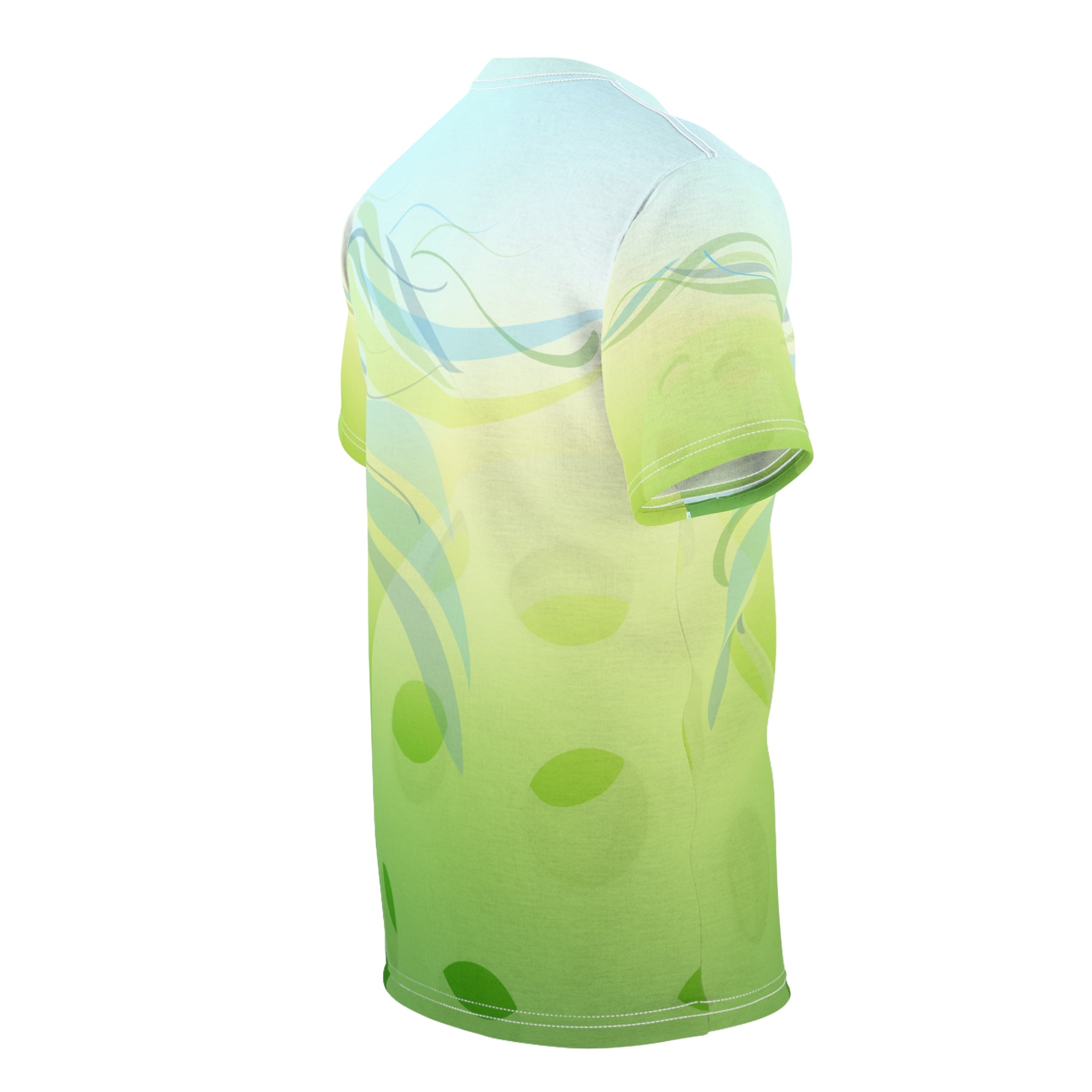 Unisex Pickleball Summer Breeze Tee with green leaf wave all-over print, breathable and stylish for active summer wear.