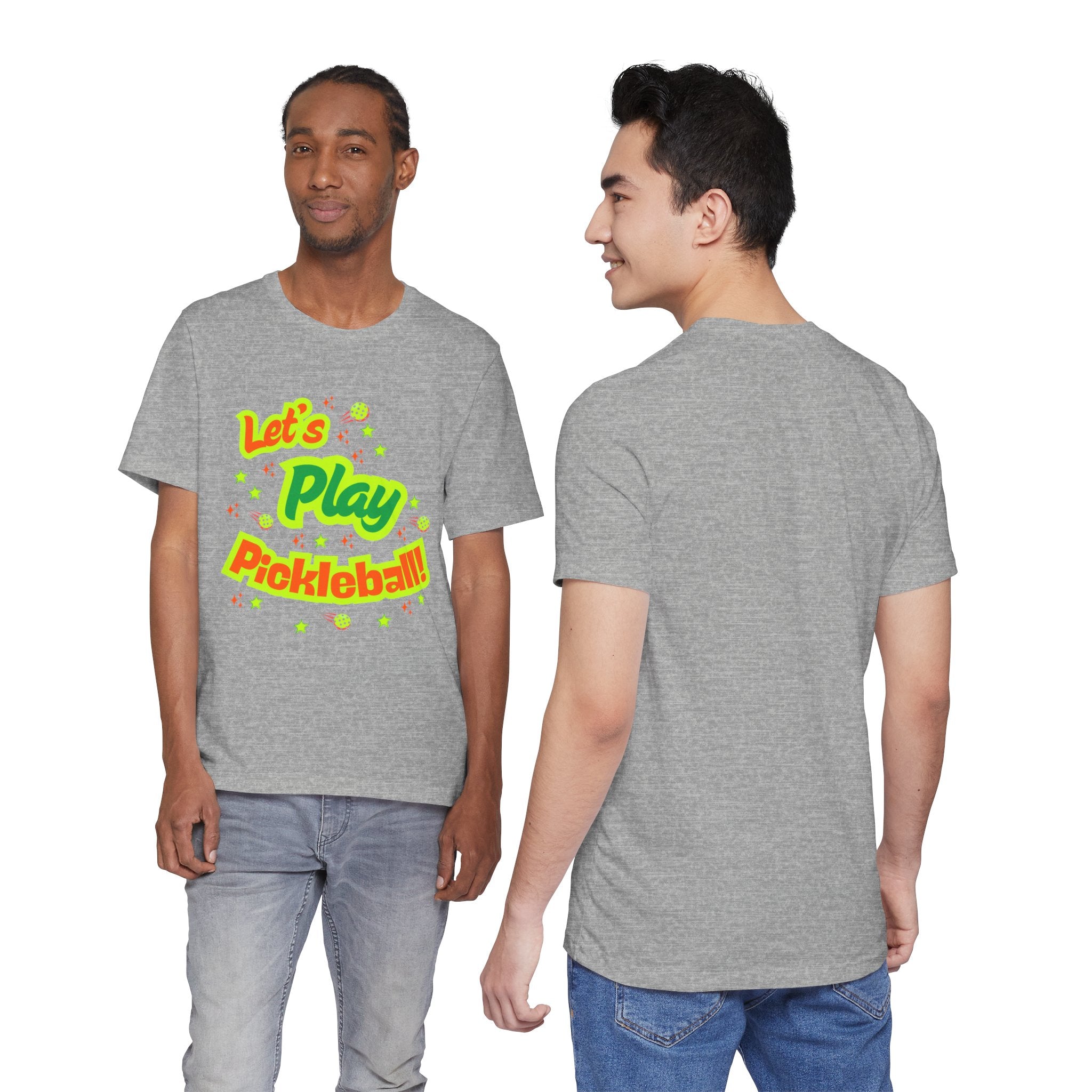 Neon orange and electric green pickleball rally T-shirt with court graphic by Printify, casual athletic wear for sports enthusiasts.