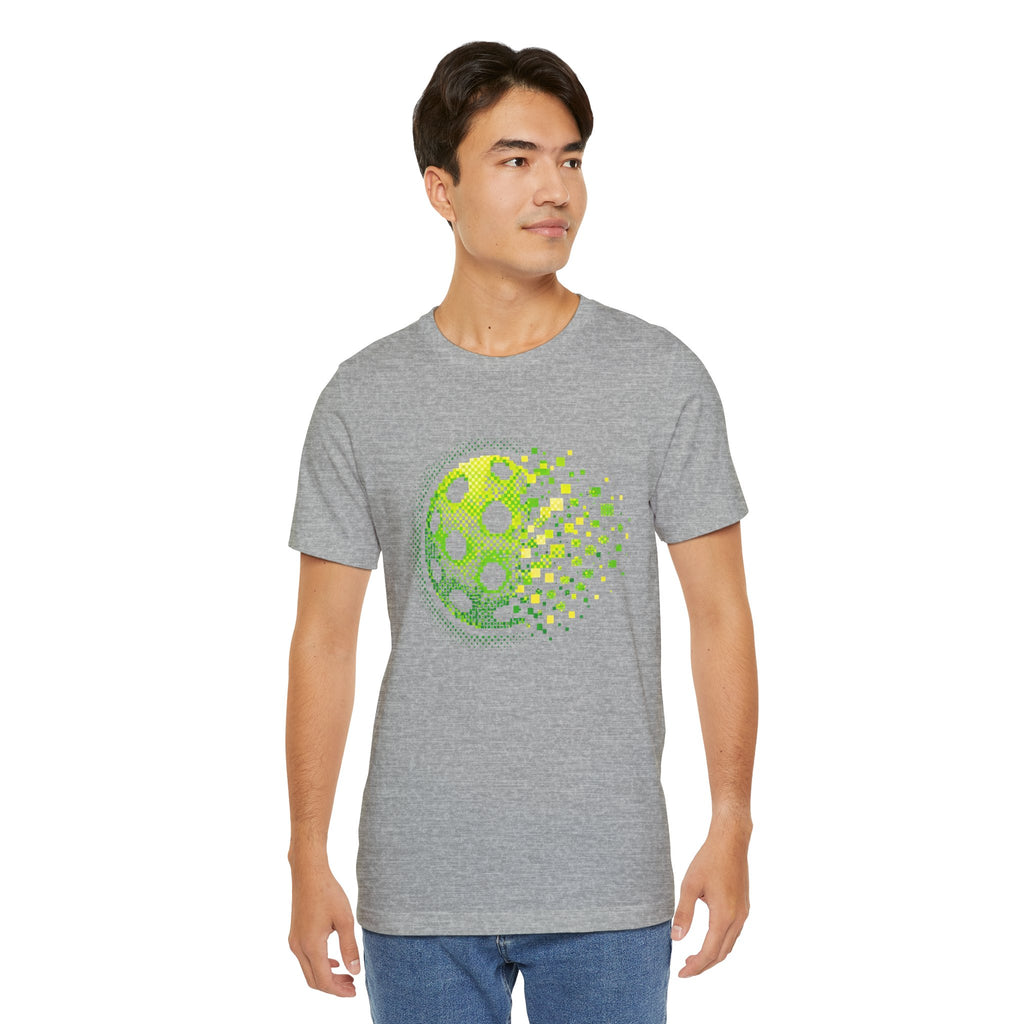 Green Pixelated Pickleball Tee with retro court graphic, casual T-shirt by Printify featuring vibrant pickleball design.