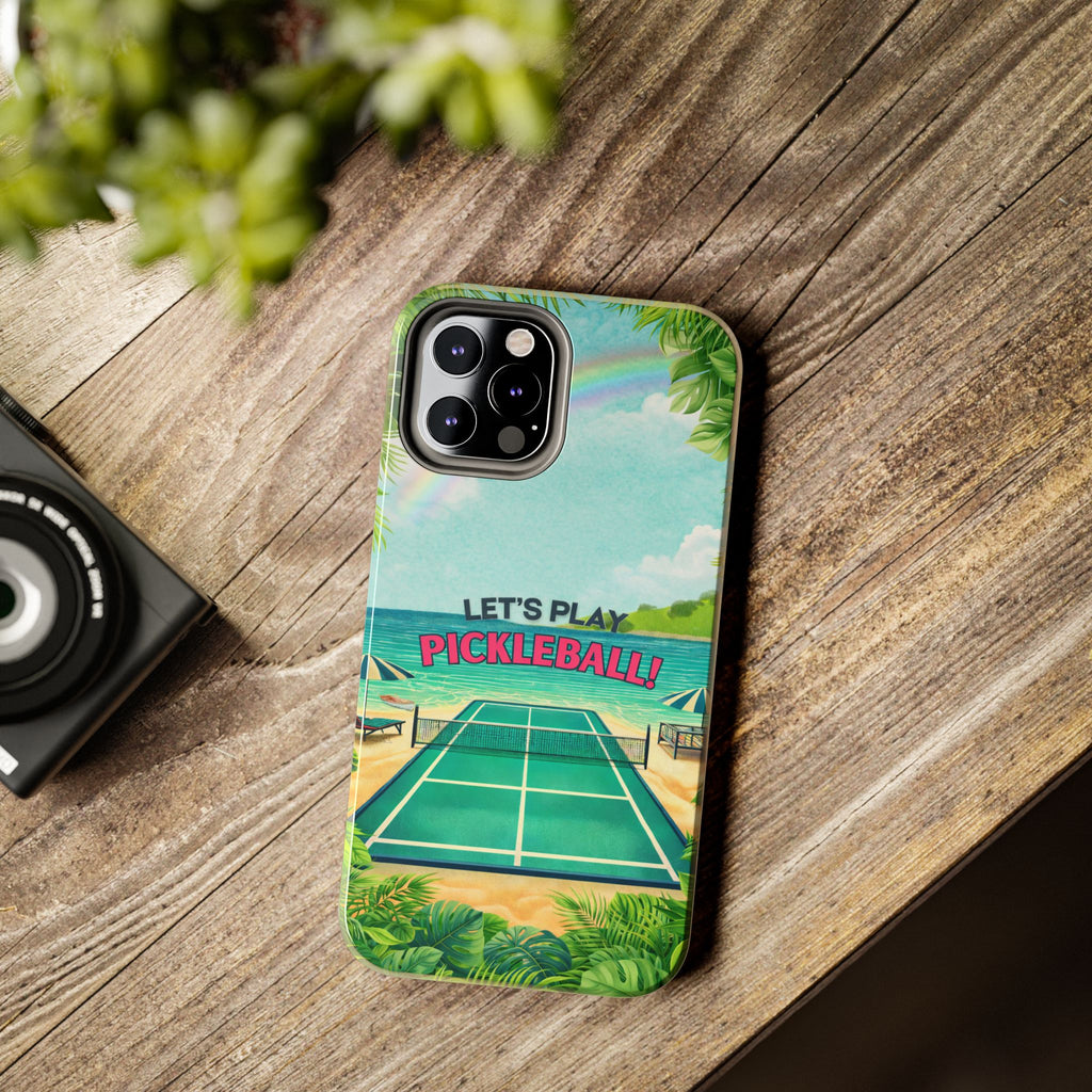 Let's Play Pickleball tropical tough phone case by Printify, featuring a colorful beach court design for iPhone or Android.