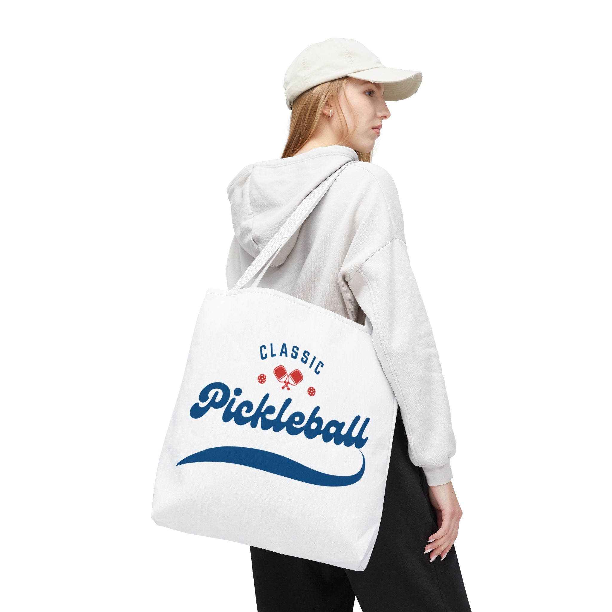 Large Pickleball tote bag in red and blue, rugged fabric, 18x18 inches, designed for gear storage and comfortable shoulder carry.