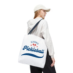Printify large pickleball tote bag in red and blue with rugged shoulder straps, ideal for gear storage, 18x18 inches size