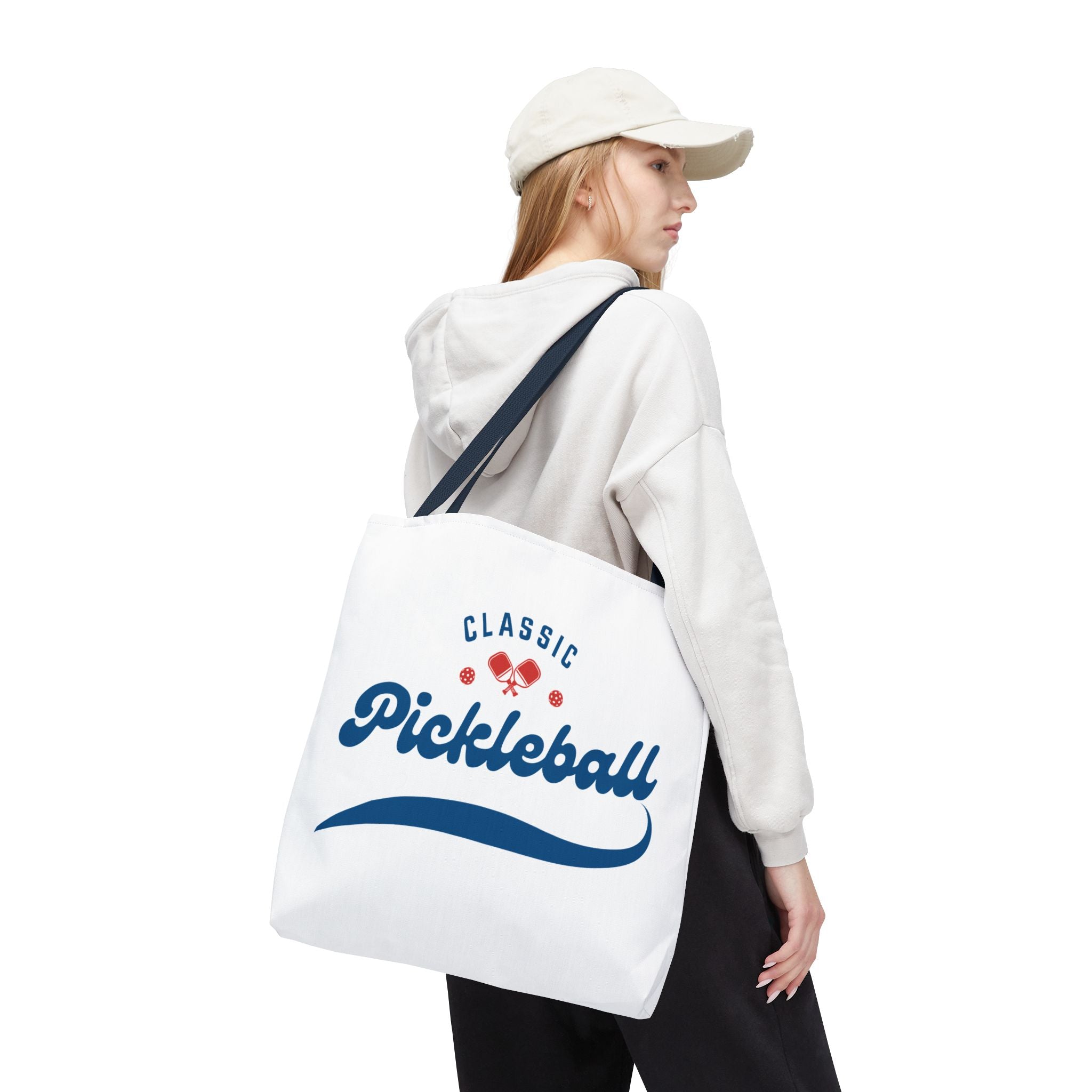 Printify large pickleball tote bag in red and blue with rugged shoulder straps, ideal for gear storage, 18x18 inches size