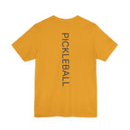 Personalized pickleball T-shirt by Printify featuring custom name and club with paddle graphic design on the front.