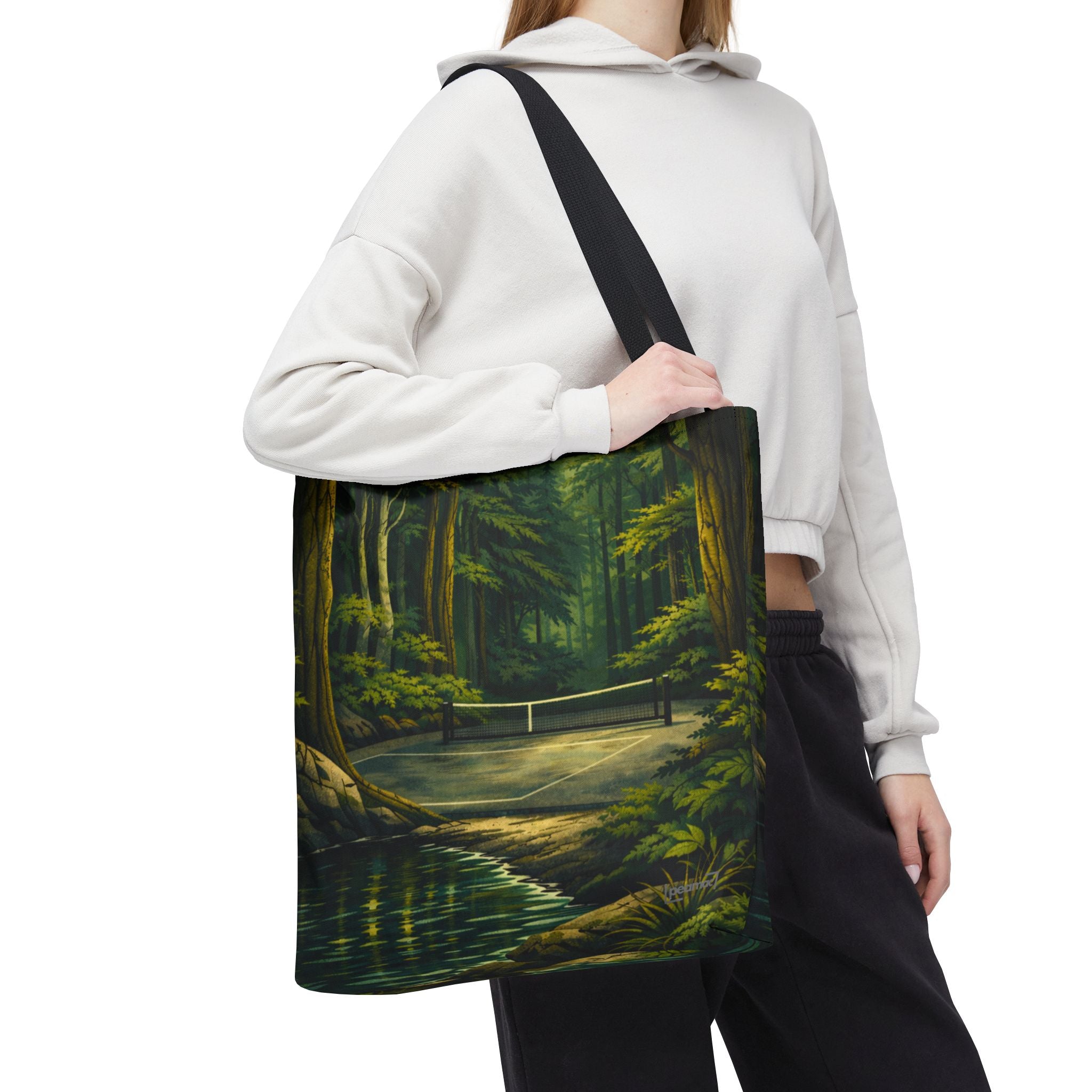 Large tote bag featuring a scenic woodland landscape with a hidden pickleball court printed all over, ideal for outdoor enthusiasts.