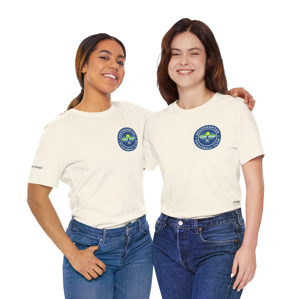 Personalized pickleball T-shirt by Printify with custom name sleeve, club logo, and pickleball graphic on the back.