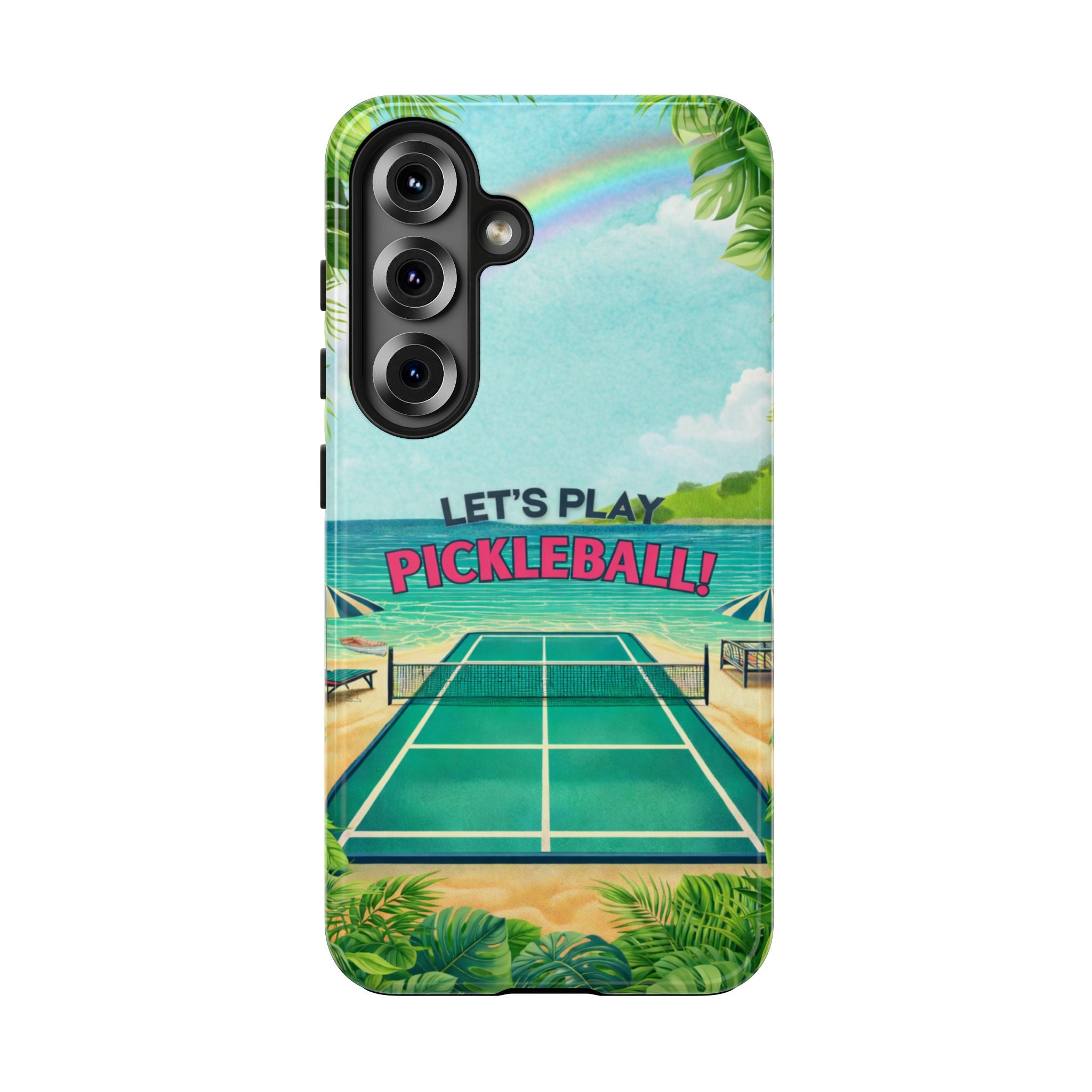 Let's Play Pickleball! Tropical Tough Phone Case | Supports Wireless Charging | Compatible with iPhone and Samsung smartphones