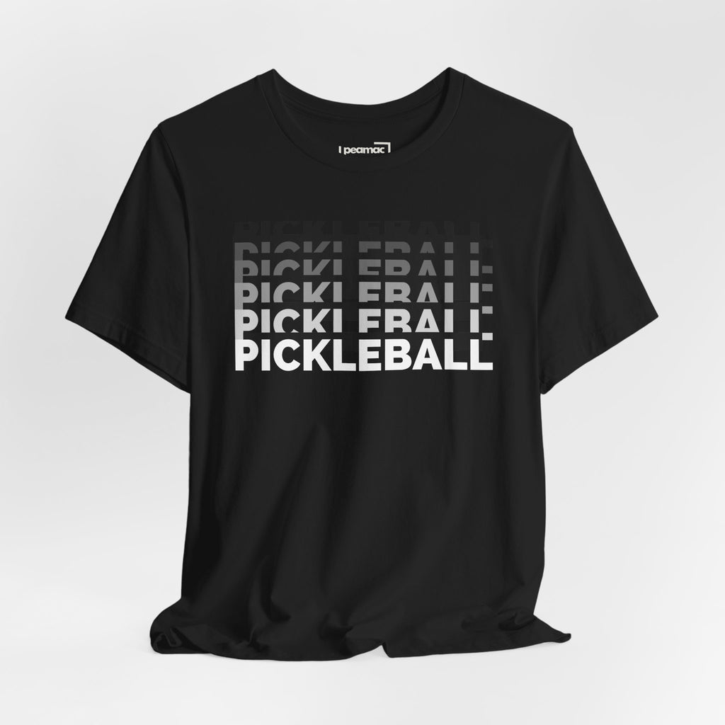 Pickleball x5 Gradient Stack T-shirt featuring colorful pickleball graphic on a casual men's T-shirt by Printify.