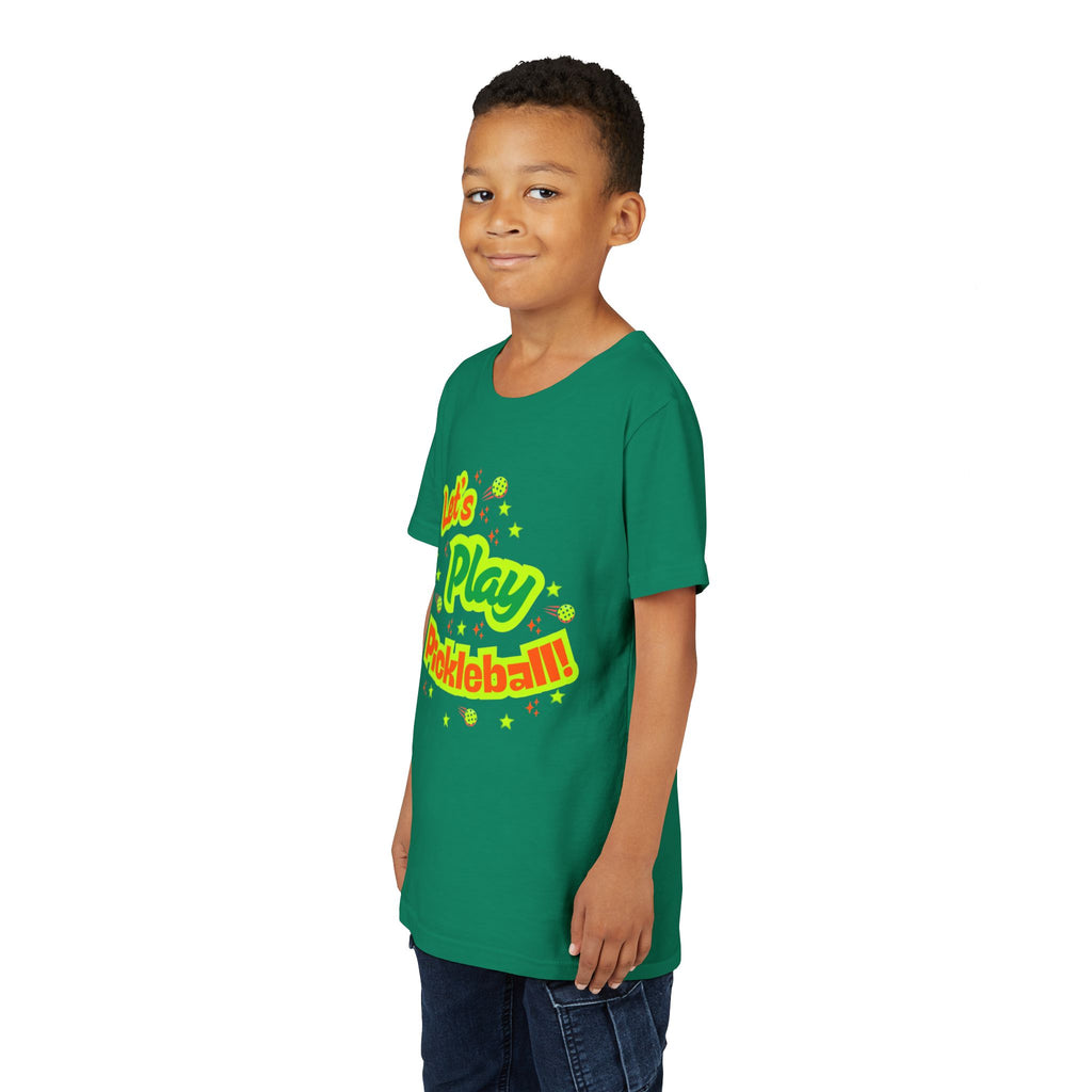 Youth neon pickleball graphic T-shirt for kids, featuring playful design on a colorful kids' clothing tee by Printify.