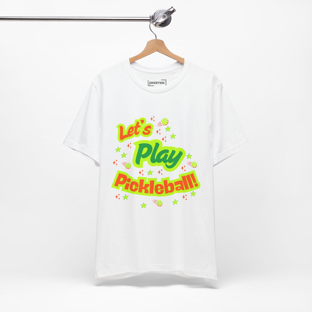 Neon orange and electric green pickleball rally graphic T-shirt by Printify featuring court illustration on the front.