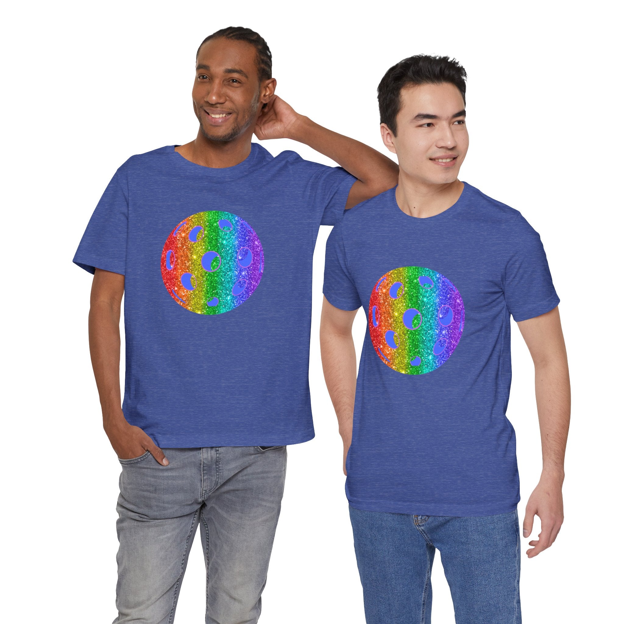 Rainbow glitter pickleball pride T-shirt featuring the Sparkle Loud and Proud Pickleball Pride Tee design on a colorful tee.