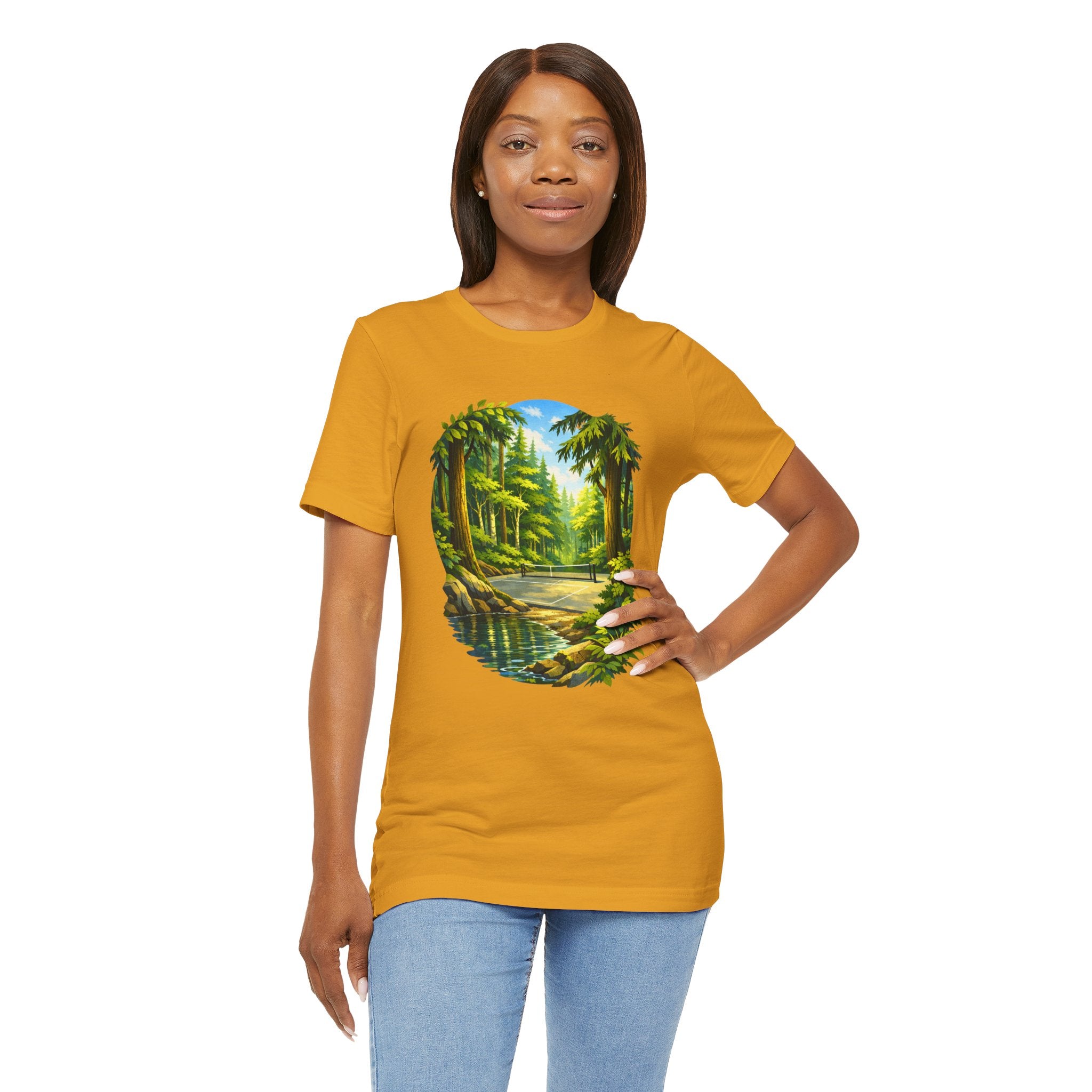 Unisex Hidden Forest Pickleball T-Shirt with Bainbridge Island tribute design by Printify, featuring a forest graphic on a casual tee.