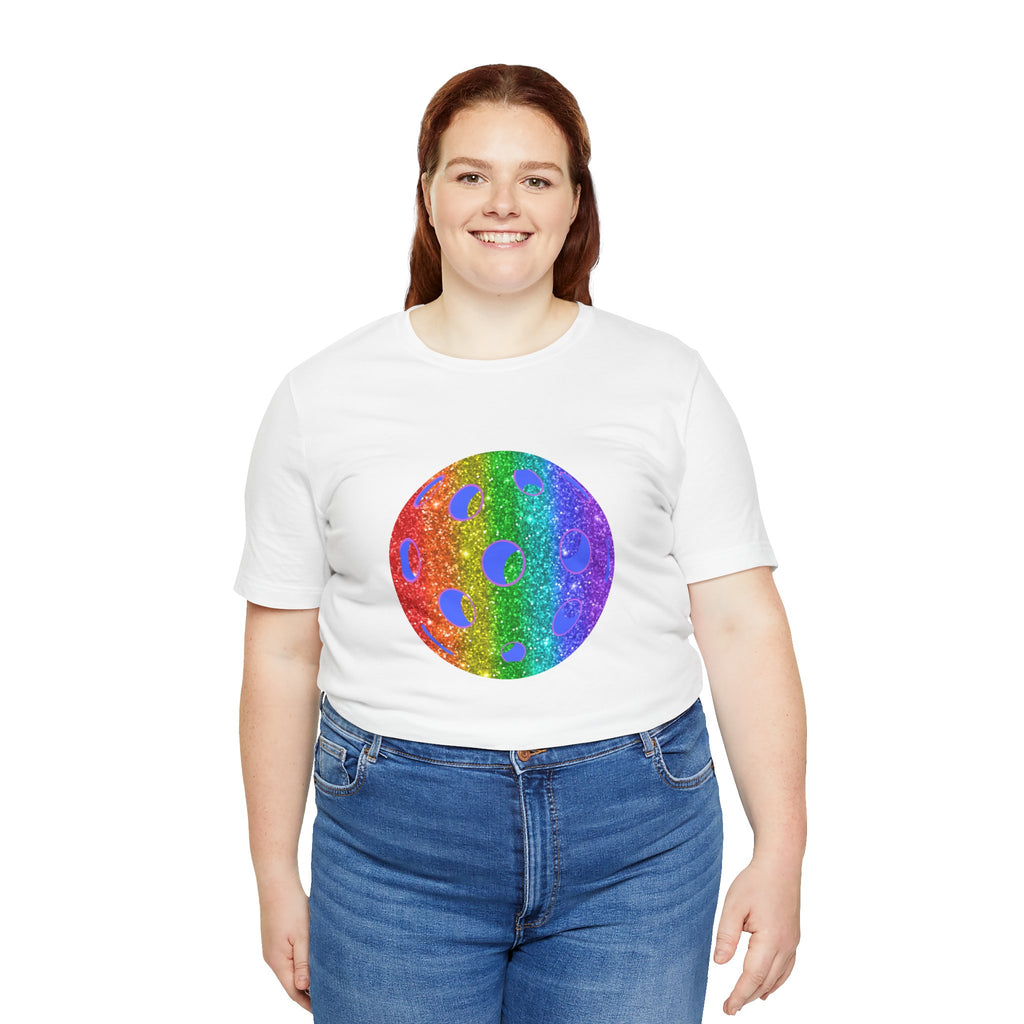 Rainbow glitter pickleball pride T-shirt featuring the Sparkle Loud and Proud Pickleball Pride Tee design by Printify.