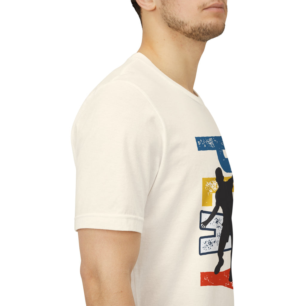 Men's Retro Pickleball Action T-Shirt with dynamic front silhouette and vertical 'PICKLEBALL' text on the back, by Printify.