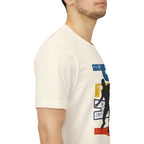 Men's Retro Pickleball Action T-Shirt with dynamic front silhouette and vertical 'PICKLEBALL' text on the back, by Printify.