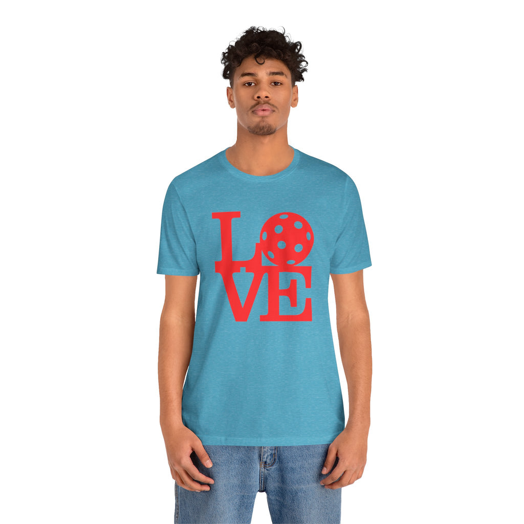 Bold red LOVE Pickleball graphic T-shirt by Printify featuring pop art style design and vibrant pickleball-themed artwork.