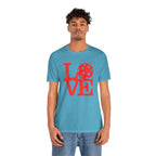 Bold red LOVE Pickleball graphic T-shirt by Printify featuring pop art style design and vibrant pickleball-themed artwork.