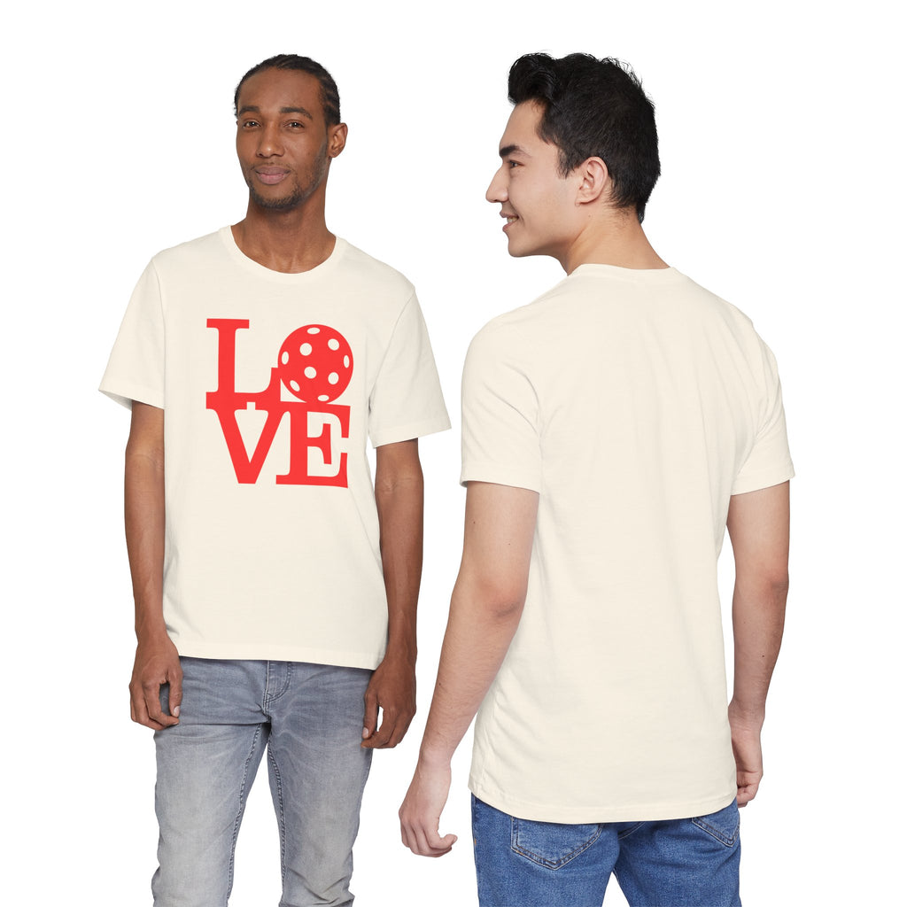 Red LOVE Pickleball graphic T-shirt by Printify featuring bold pop art design, casual unisex fit, perfect for pickleball enthusiasts.