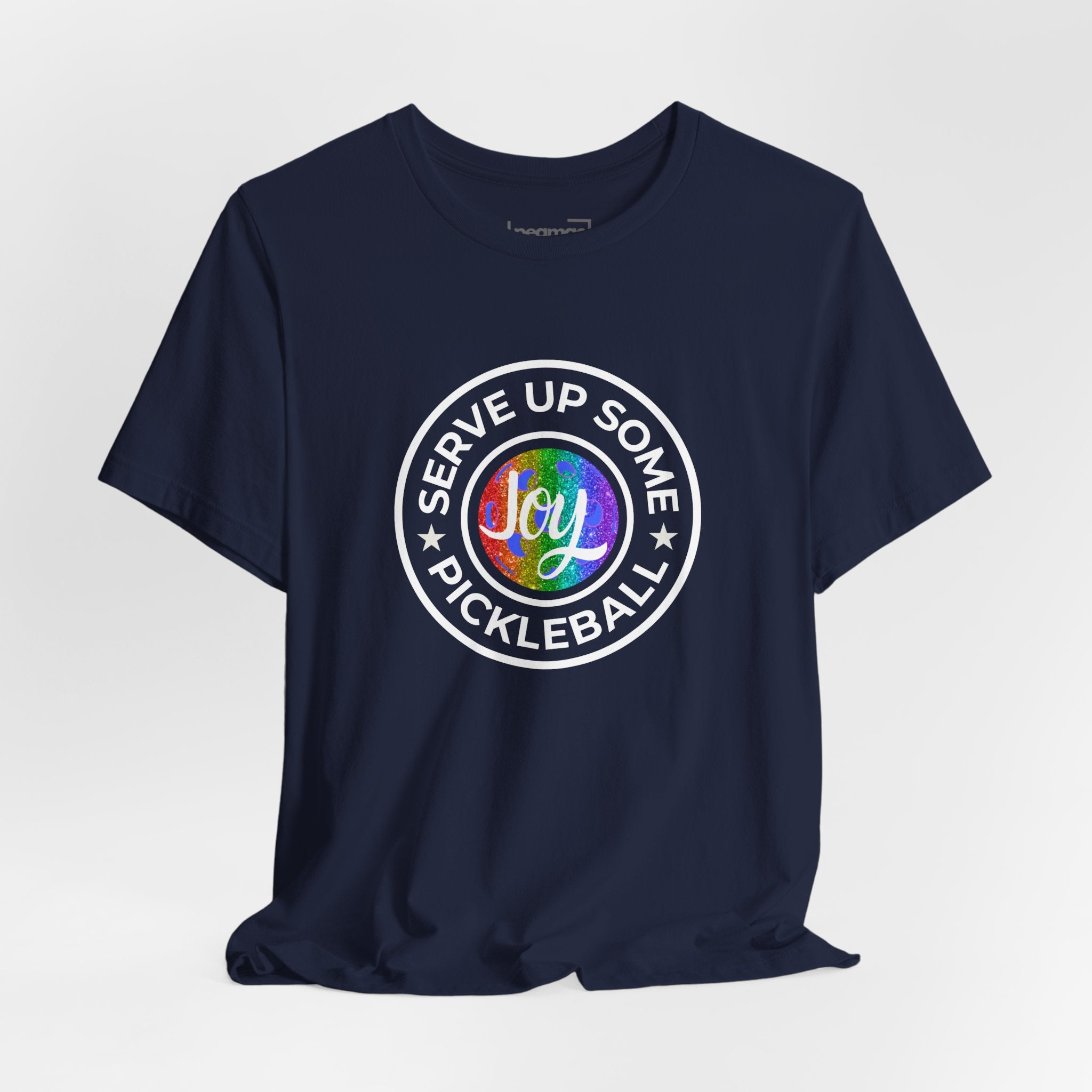 LGBTQ pride pickleball T-shirt by Printify featuring colorful rainbow design and playful "Serve Up Some Pickleball Joy" slogan.