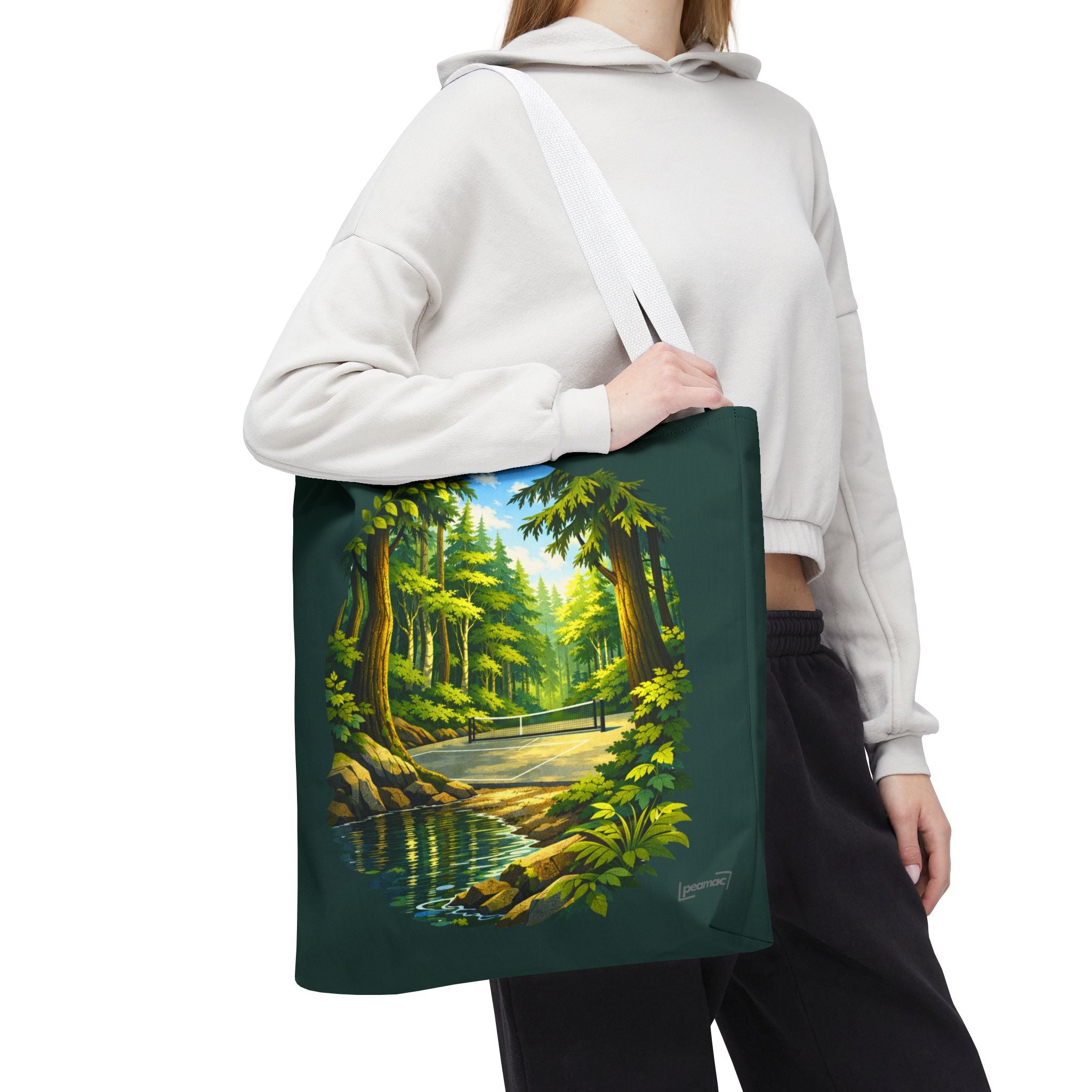 Large Bainbridge Island-inspired pickleball tote bag by Printify featuring a Pacific Northwest forest court design.