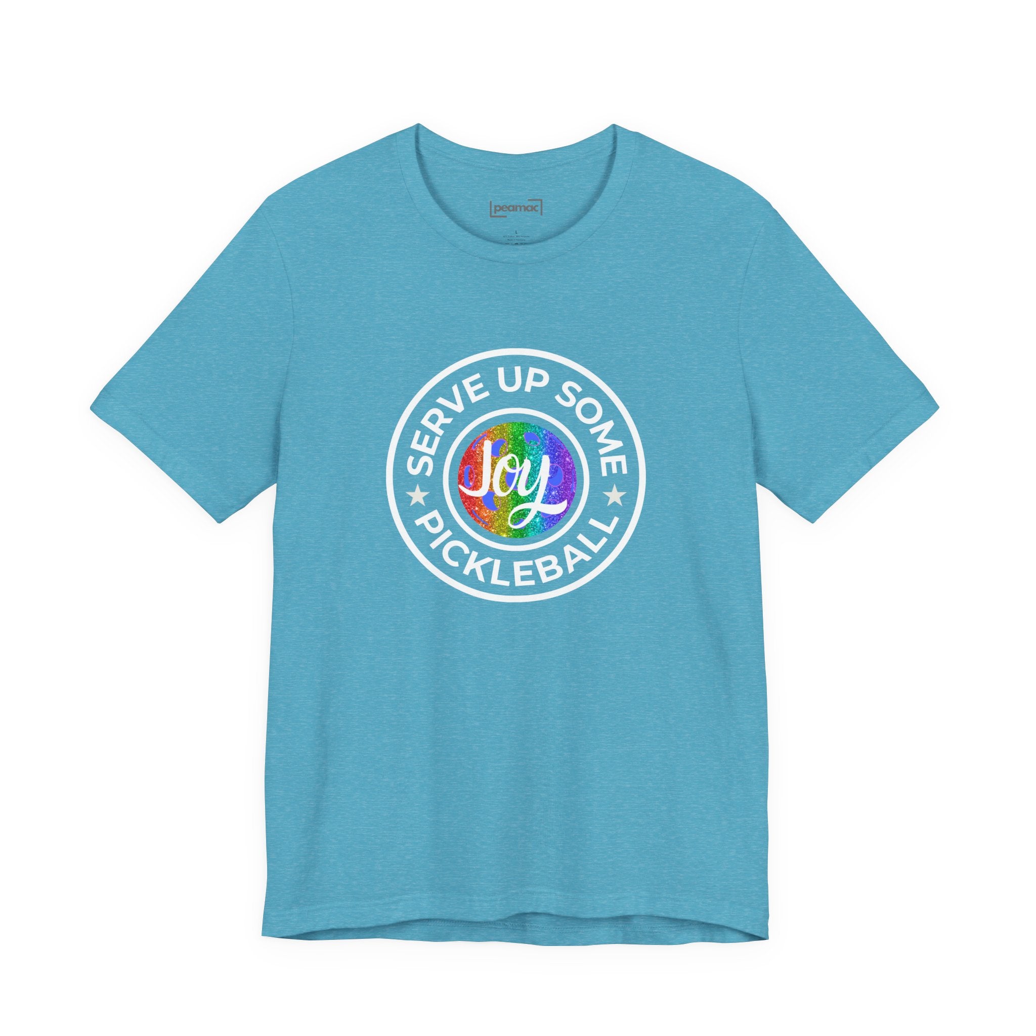 LGBTQ2 pride pickleball T-shirt featuring colorful rainbow design and "Serve Up Some Pickleball Joy" text on a white cotton tee.