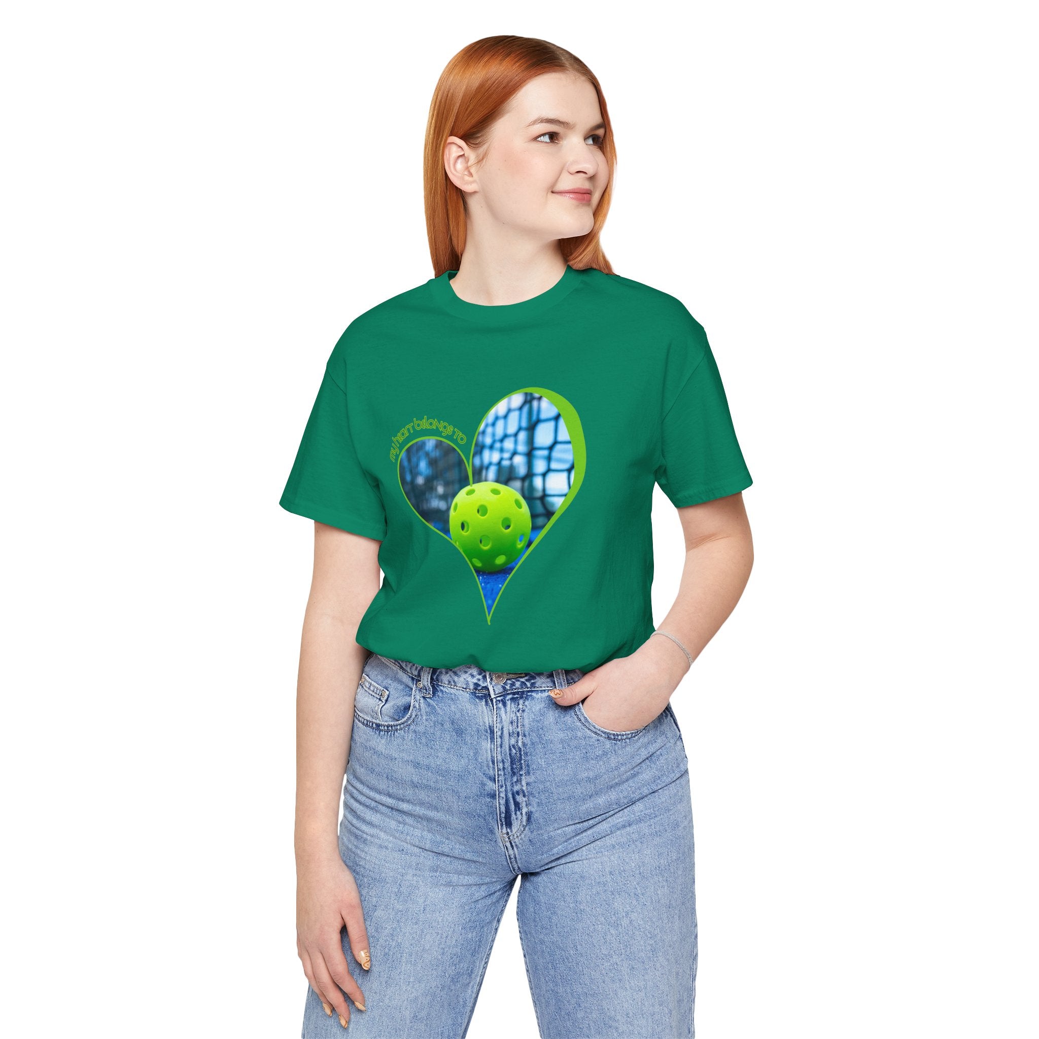 White pickleball T-shirt for players and fans with "My Heart Belongs to Pickleball" printed on the front, casual and comfortable style.