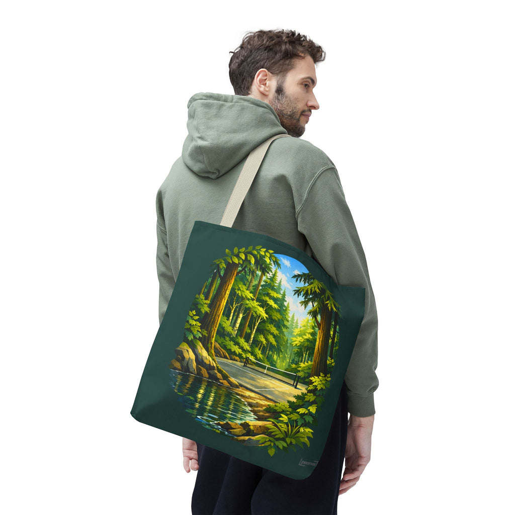 Large Printify Bainbridge Island pickleball tote bag with Pacific Northwest forest court design, ideal for carrying sports gear