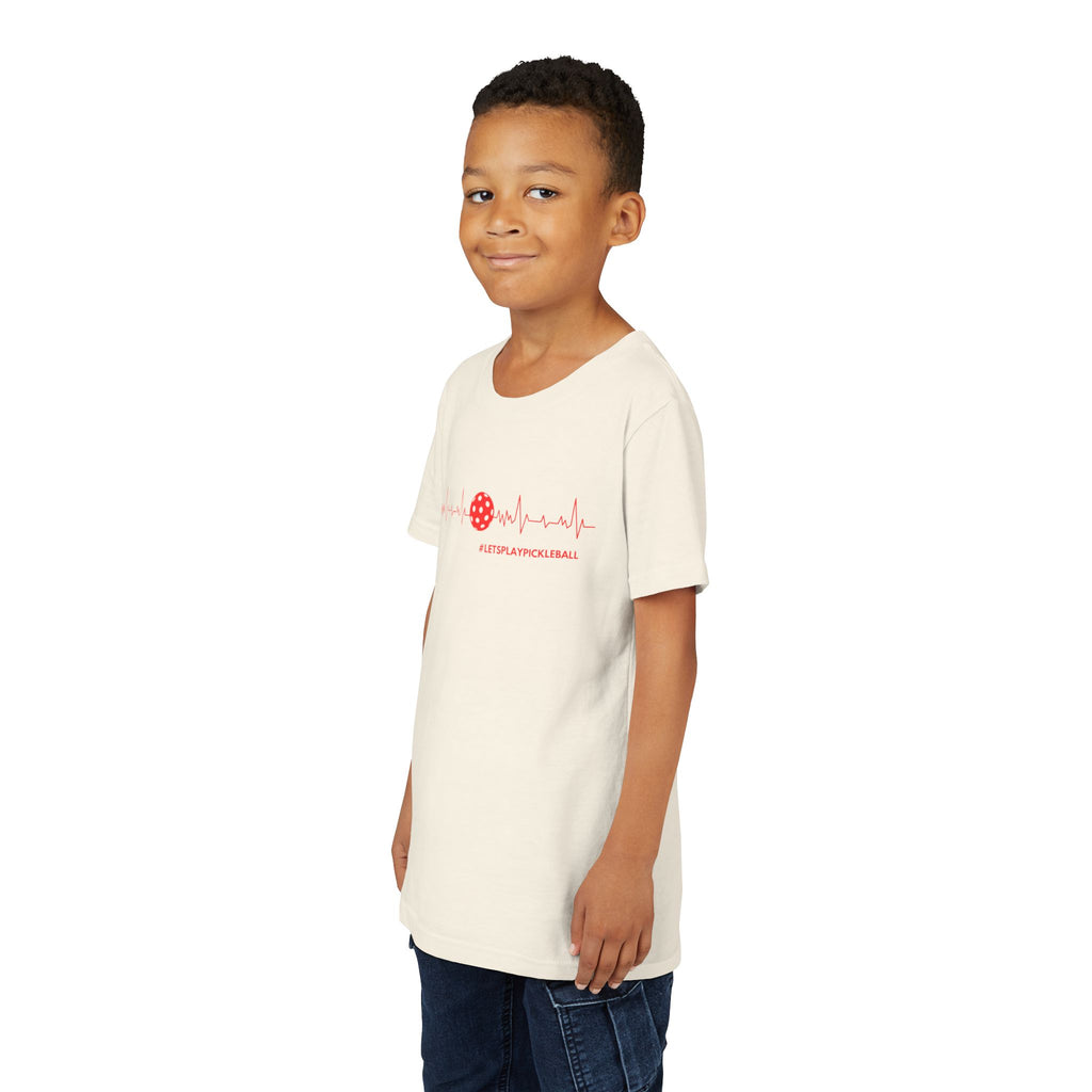 Kids' Youth Pickleball T-shirt with Heartbeat and LETS PLAY PICKLEBALL print, made by Printify, featuring colorful pickleball design.