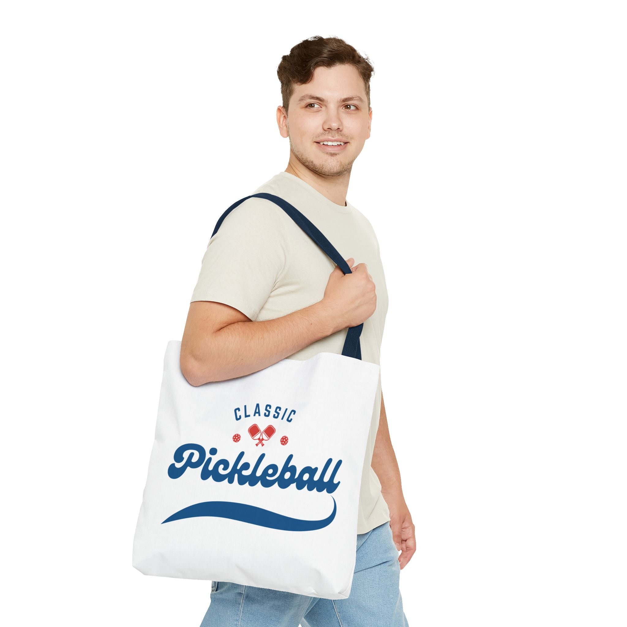 Printify Pickleball Classic large tote bag in red and blue, rugged 18x18-inch shoulder bag for gear and storage