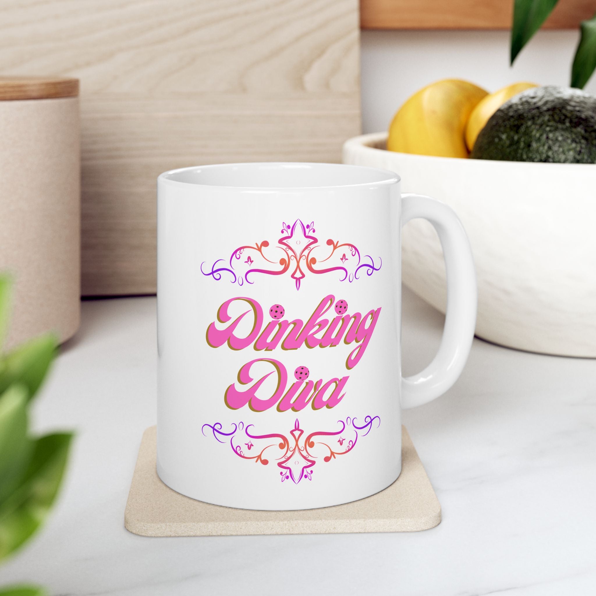 Pickleball Mug, Dinking Diva Ceramic Coffee Cup | 11oz & 15oz | Pink Text Filigree Borders | Dishwasher & Microwave Safe
