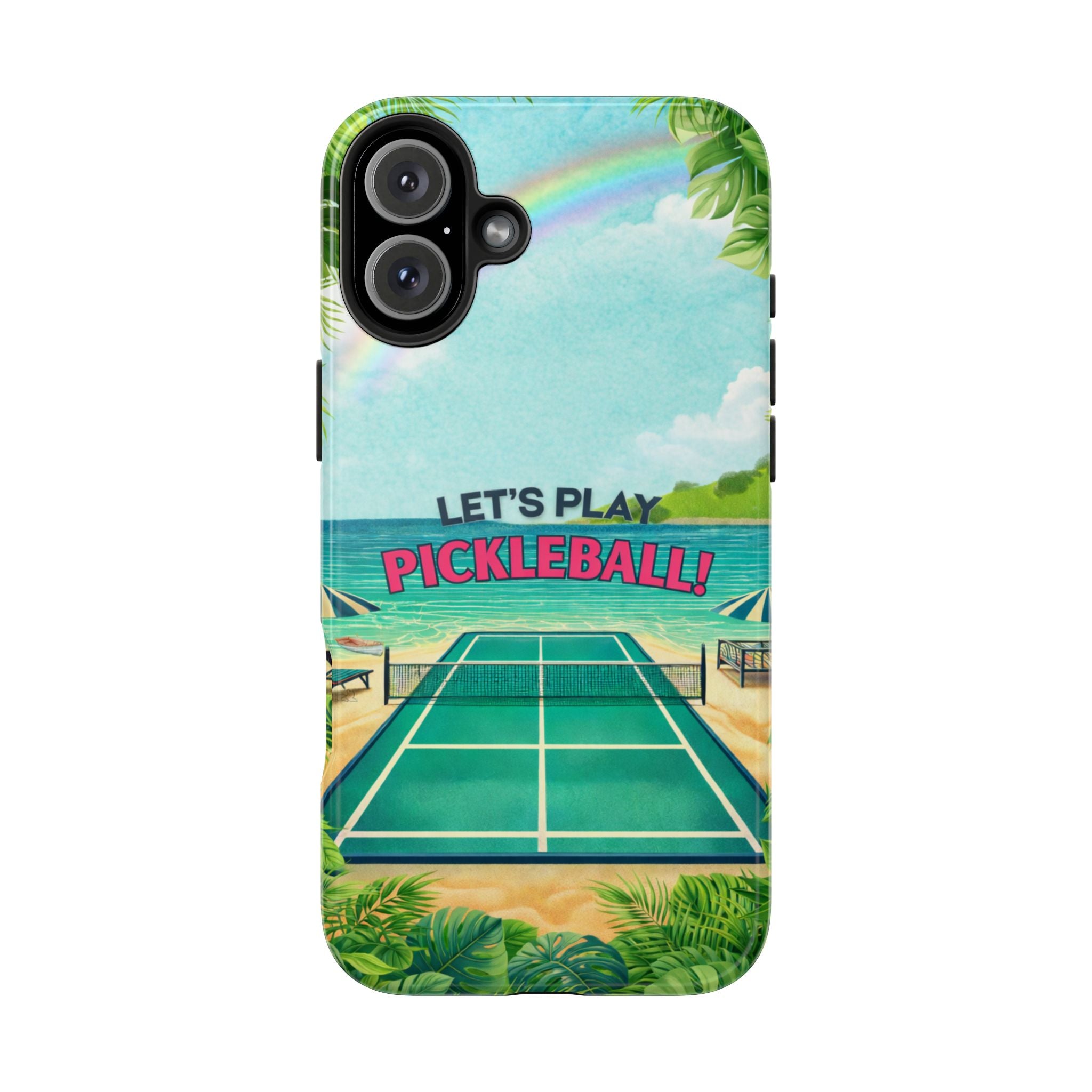 Tropical Tough Pickleball phone case by Printify featuring colorful beach court design for iPhone and Android devices.