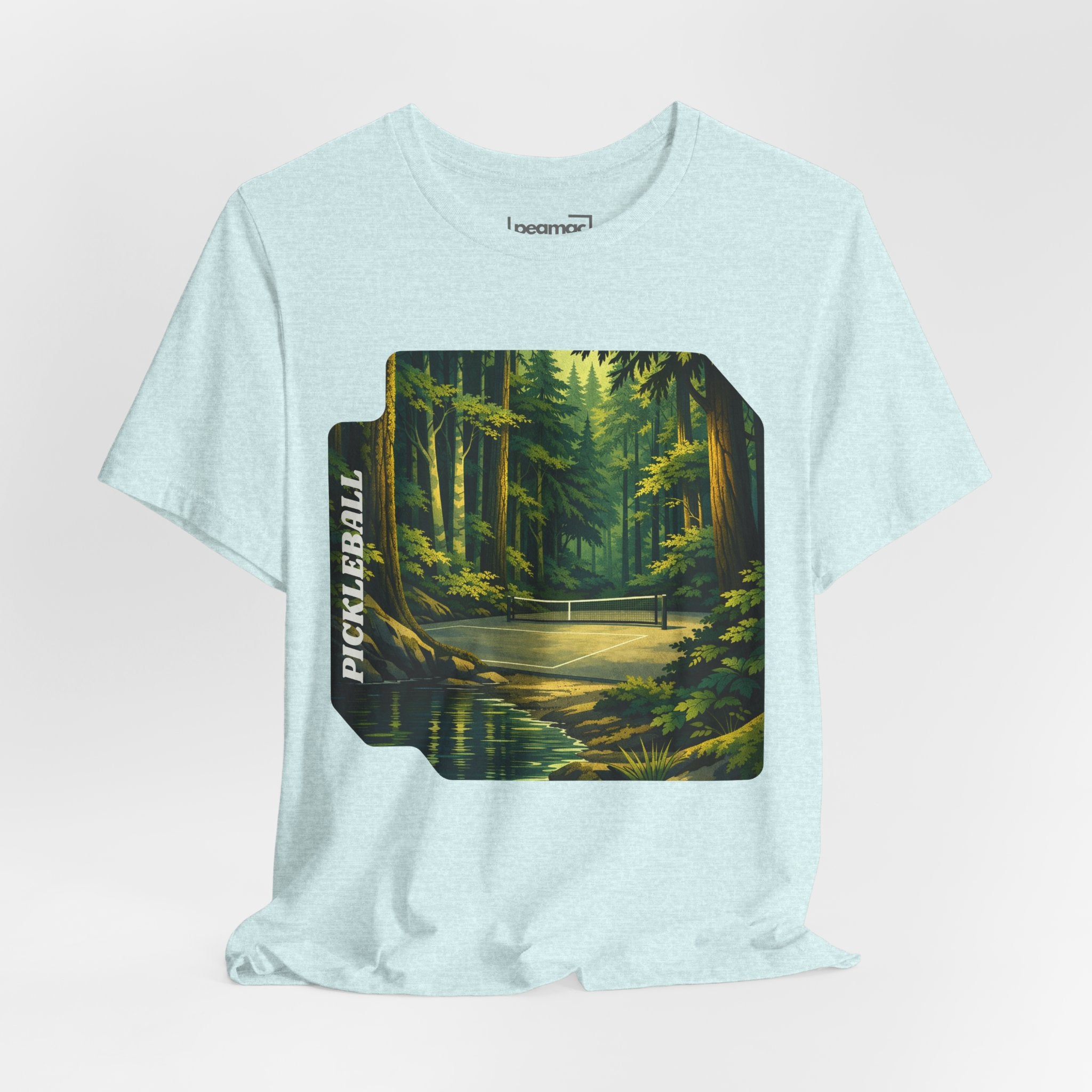 Unisex Hidden Forest Pickleball T-Shirt by Printify with Bainbridge Island tribute design, featuring a forest graphic on a casual tee.