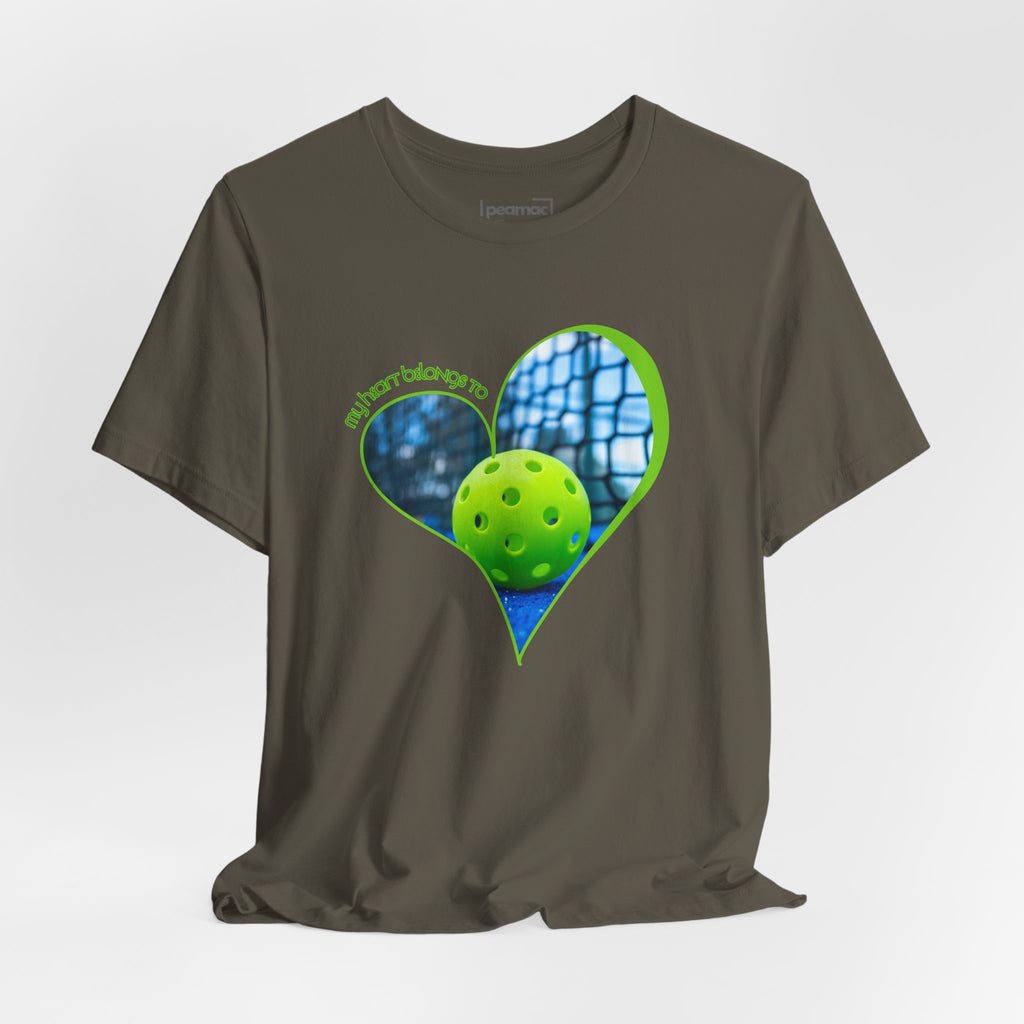White Pickleball T-shirt featuring "My Heart Belongs to Pickleball" print, ideal for players and fans, by Printify.