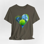 White Pickleball T-shirt featuring "My Heart Belongs to Pickleball" print, ideal for players and fans, by Printify.